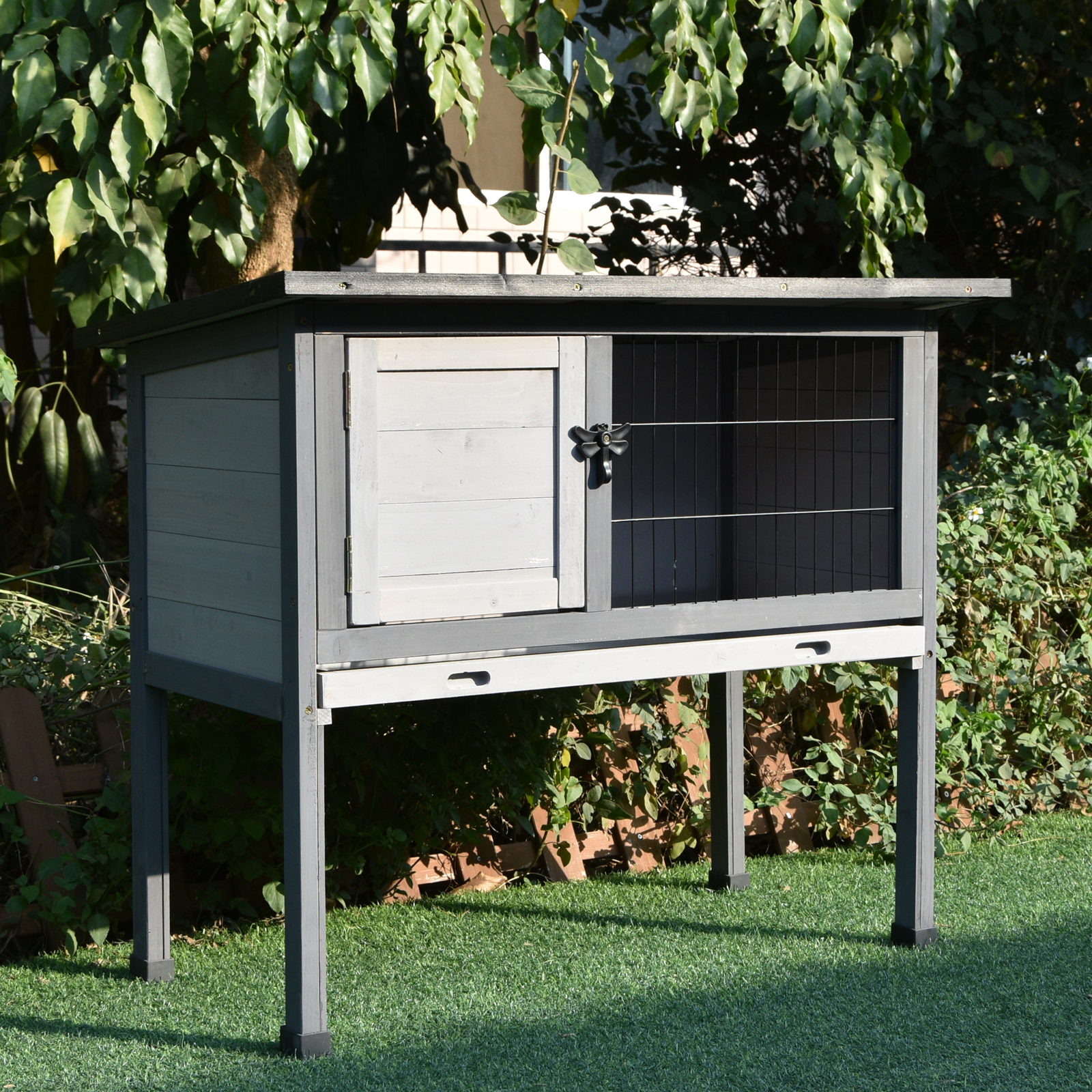 PawHut Elevated Rabbit Hutch w/ Hinged Roof & Metal Cage, Great for