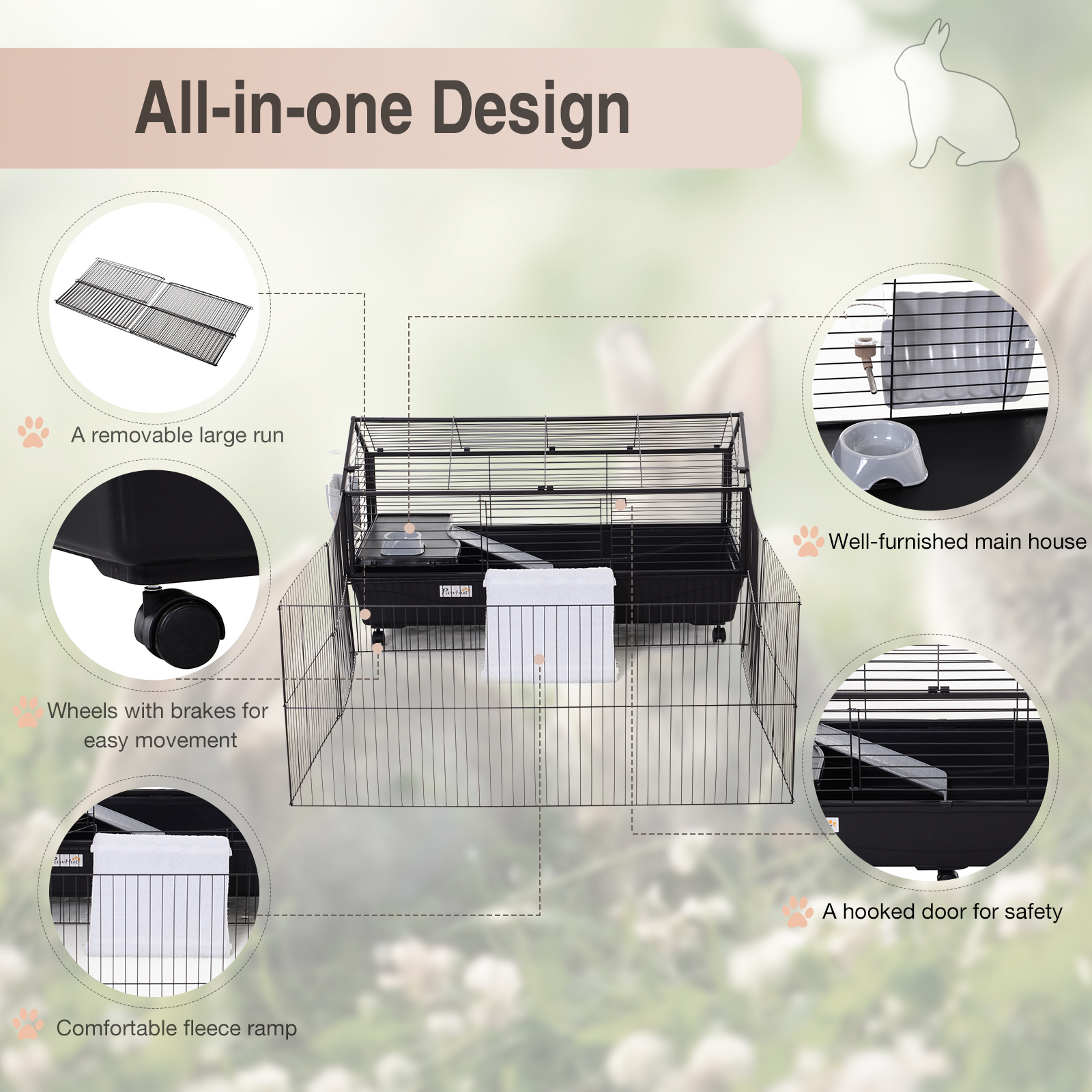 PawHut Rolling Metal Rabbit Small Animal Hutch Cage w/ Main House and