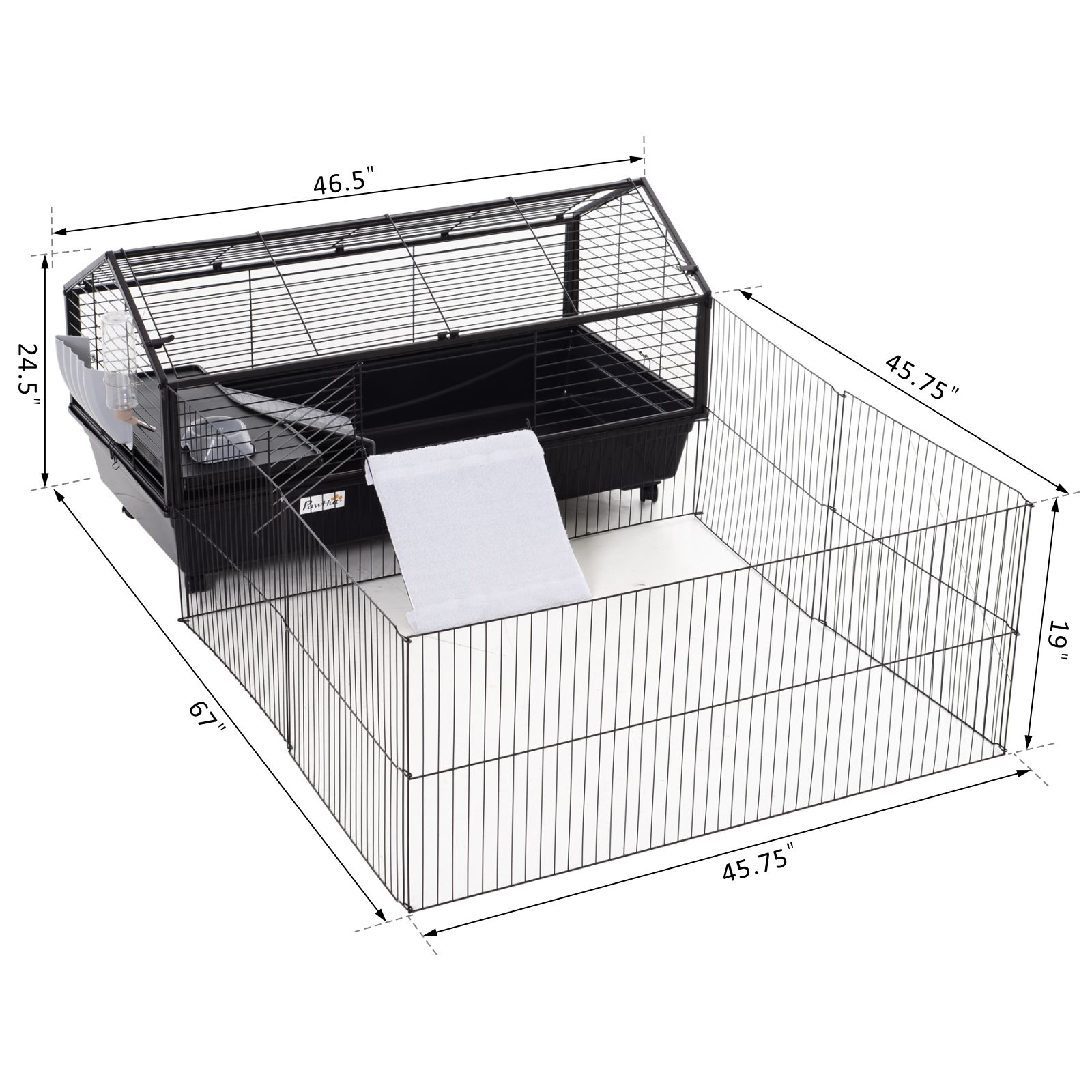 PawHut Rolling Metal Rabbit Small Animal Hutch Cage w/ Main House and