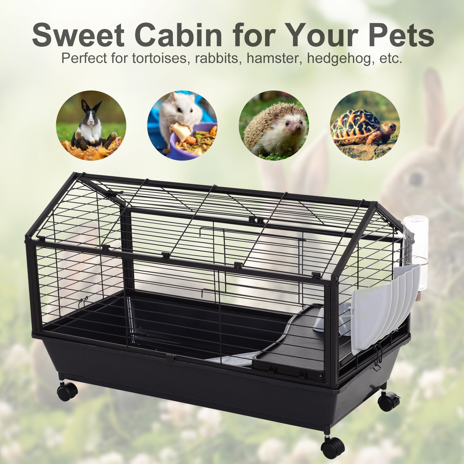 PawHut Rolling Metal Rabbit Small Animal Hutch Cage w/ Main House and