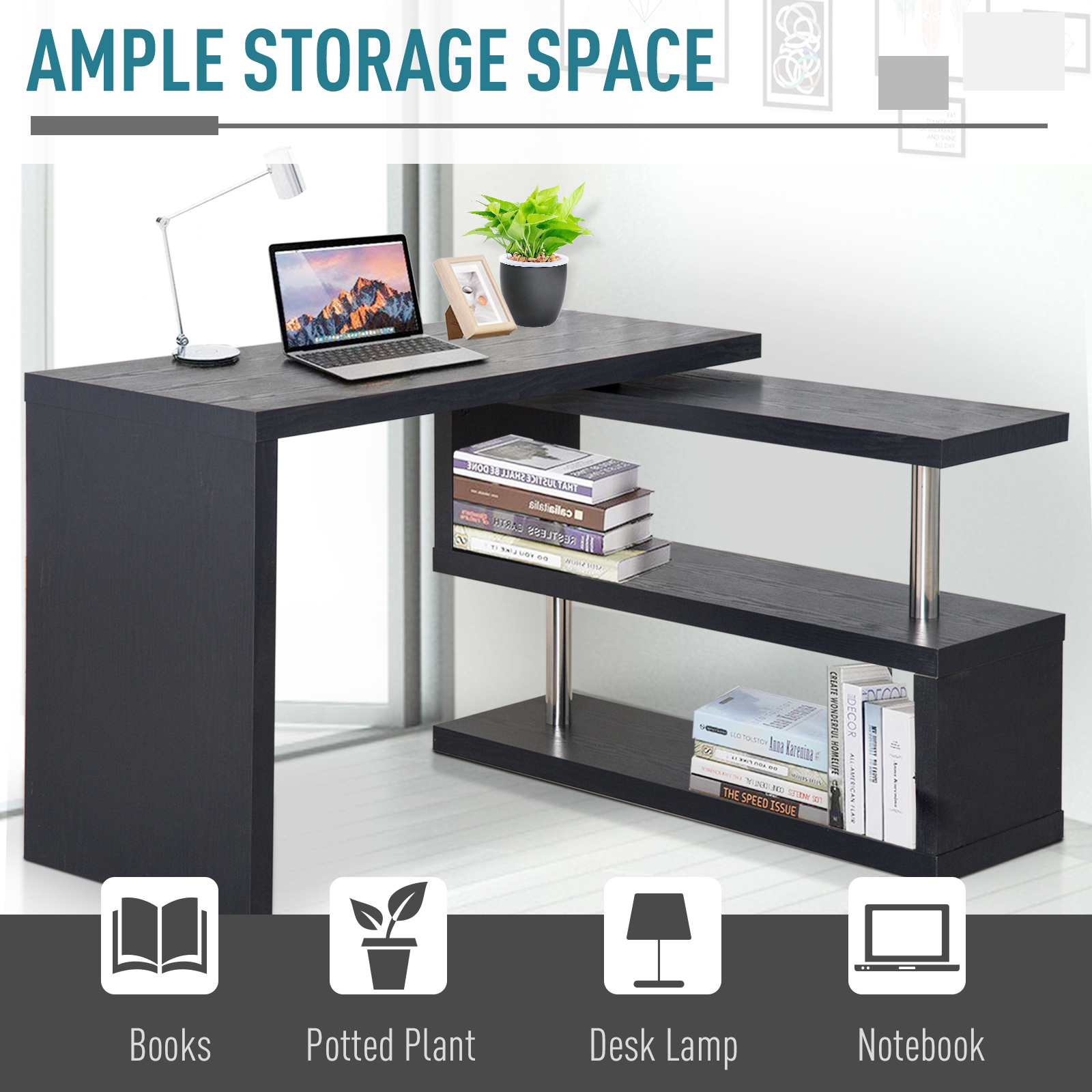 360° Rotating Foldable Convertible Office Desk Shelf Combo Writing Table eBay