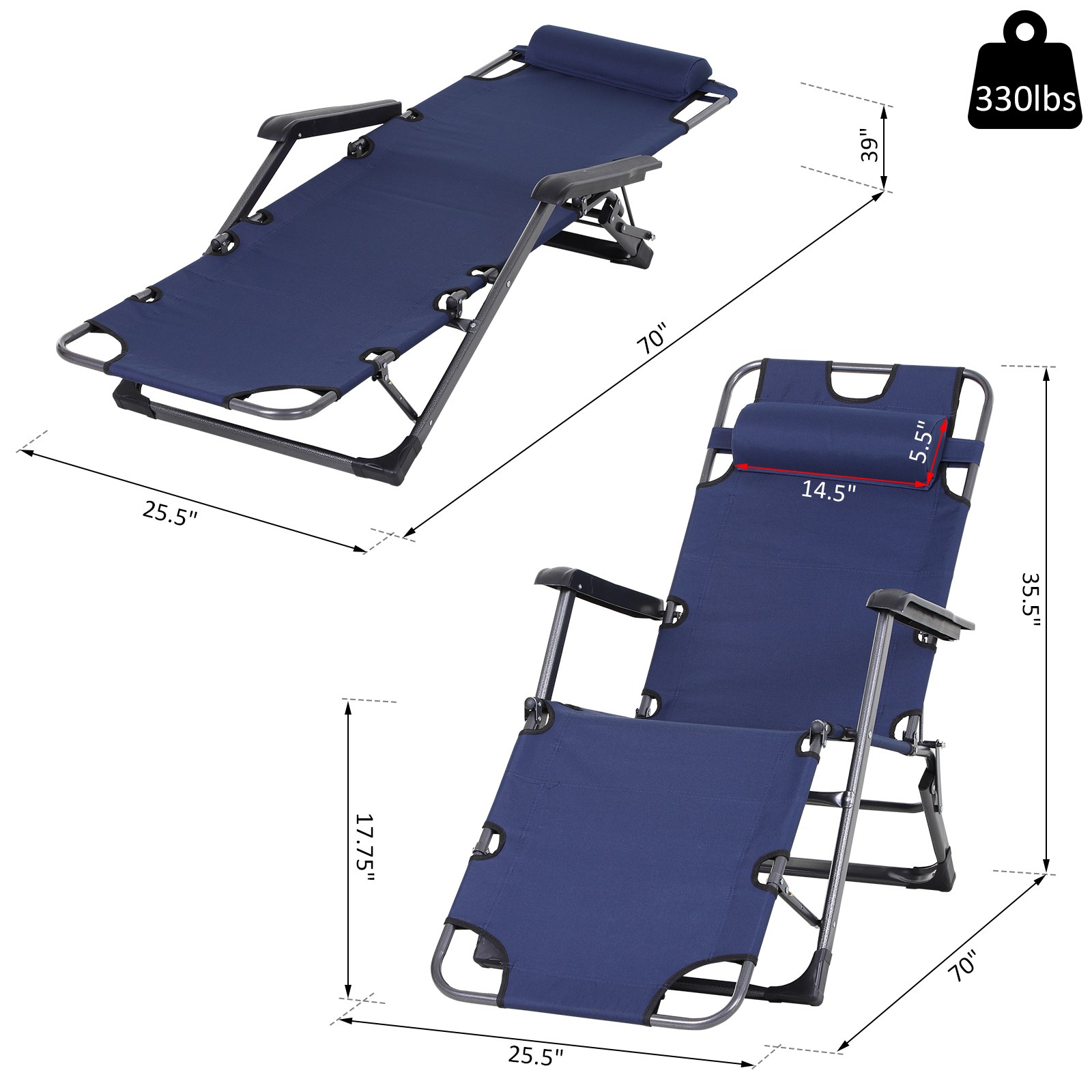 Oxford Fabric Metal Frame Outdoor Pool Sun Lounger Lounge Chair 120