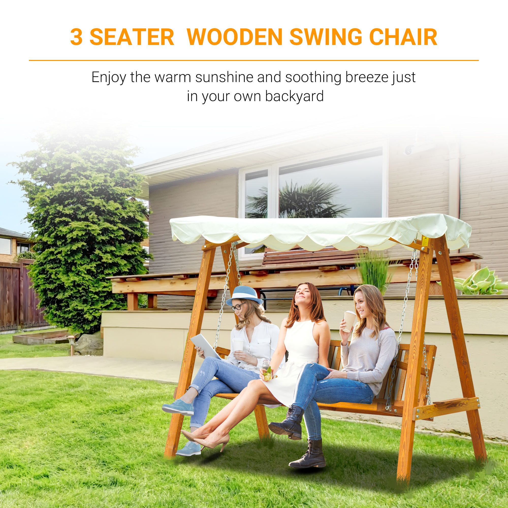 Outsunny Swing Chair 3 Seater Swinging Wooden Hammock Garden Seat