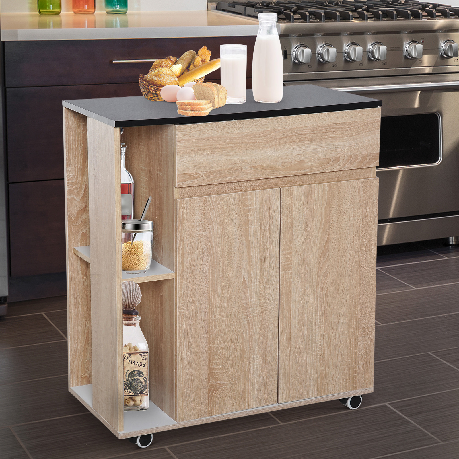 Kitchen Storage Trolley Cart Cupboard Rolling Island Shelves