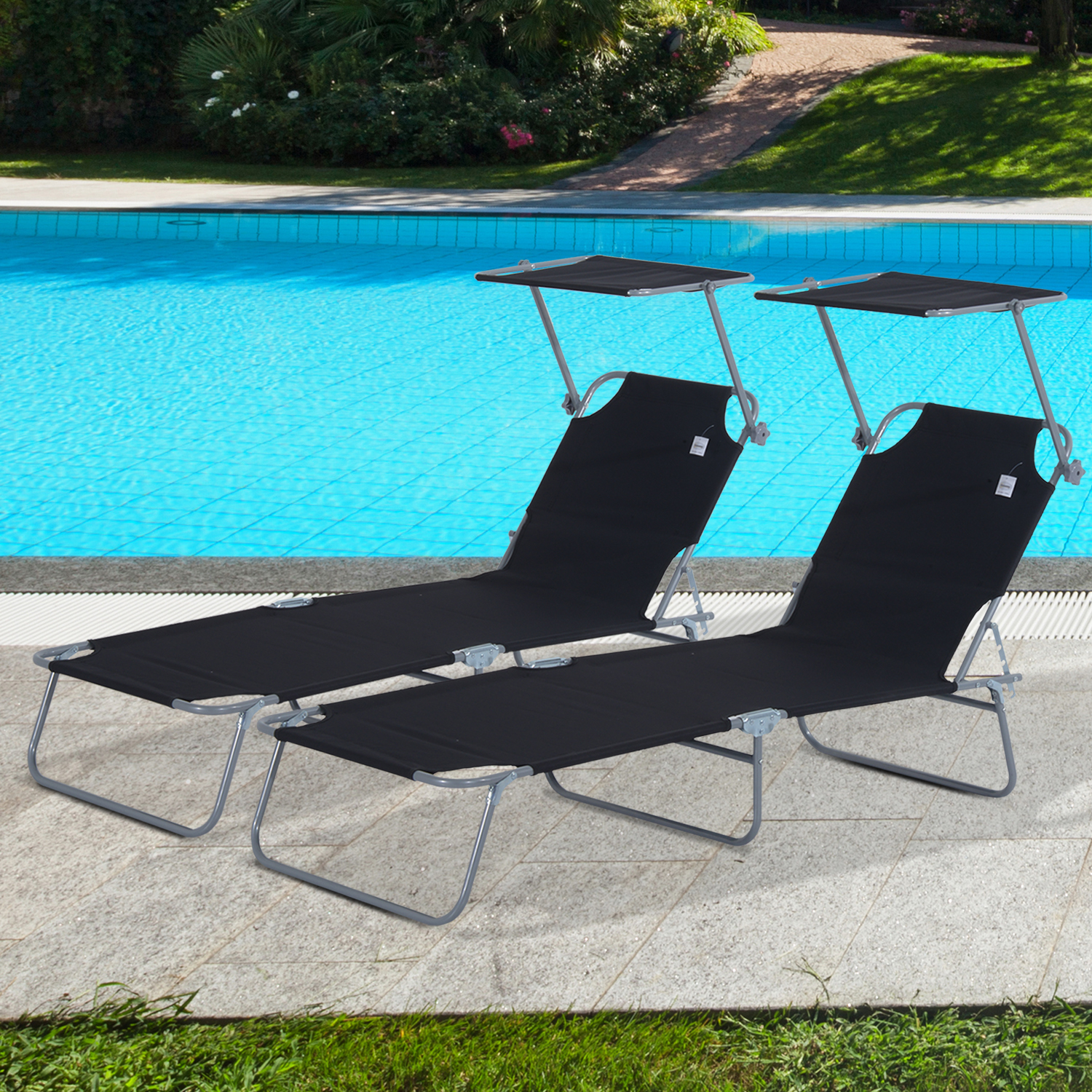 Outsunny 2PC Recliner Outdoor Sun Lounger Height Adjustable w/ Top