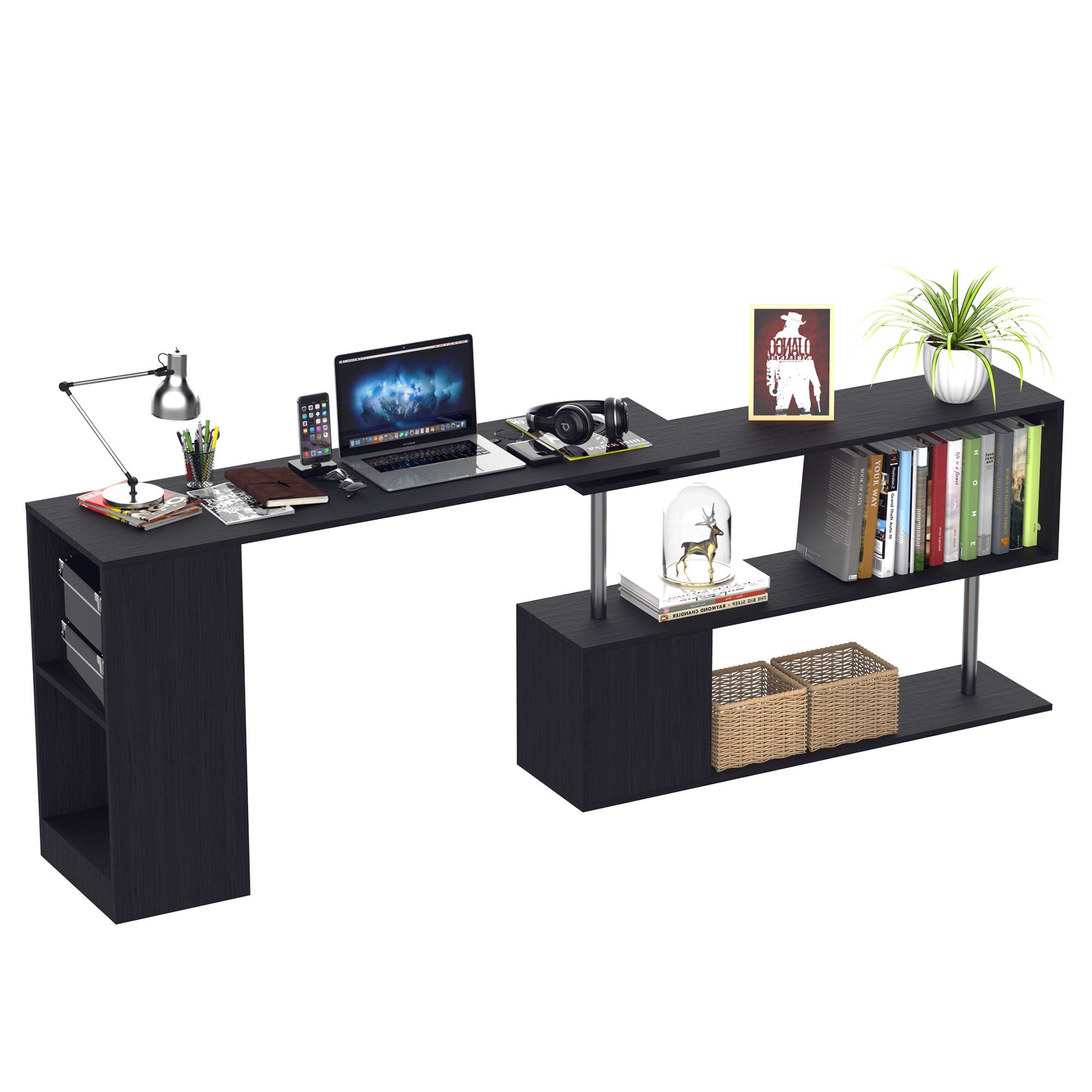 360° Rotating Corner Desk Storage Shelf Combo Workstation LShaped