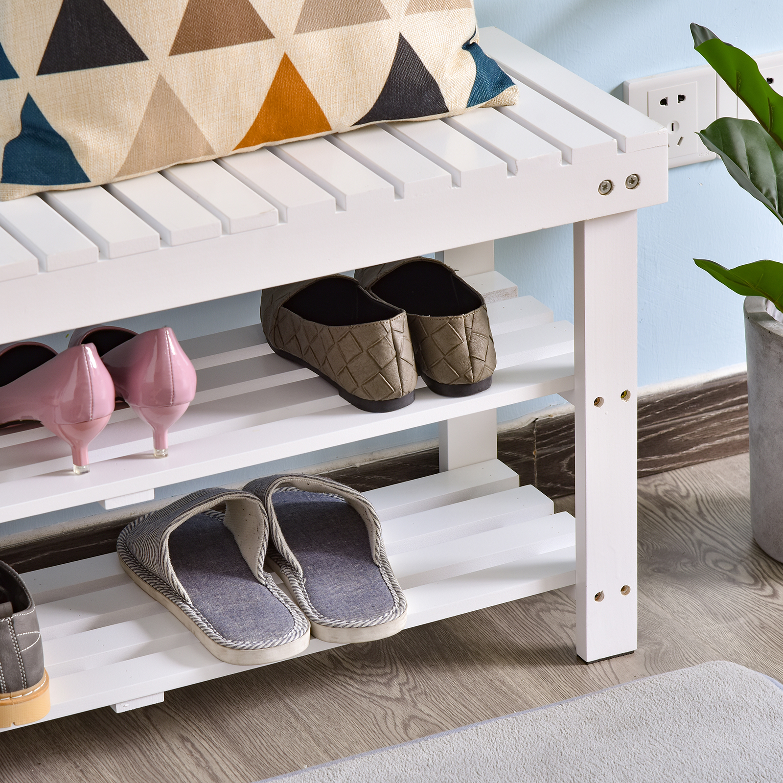 3Tier Open Shoe Rack Hidden Storage Wood Frame Slatted Shelves eBay