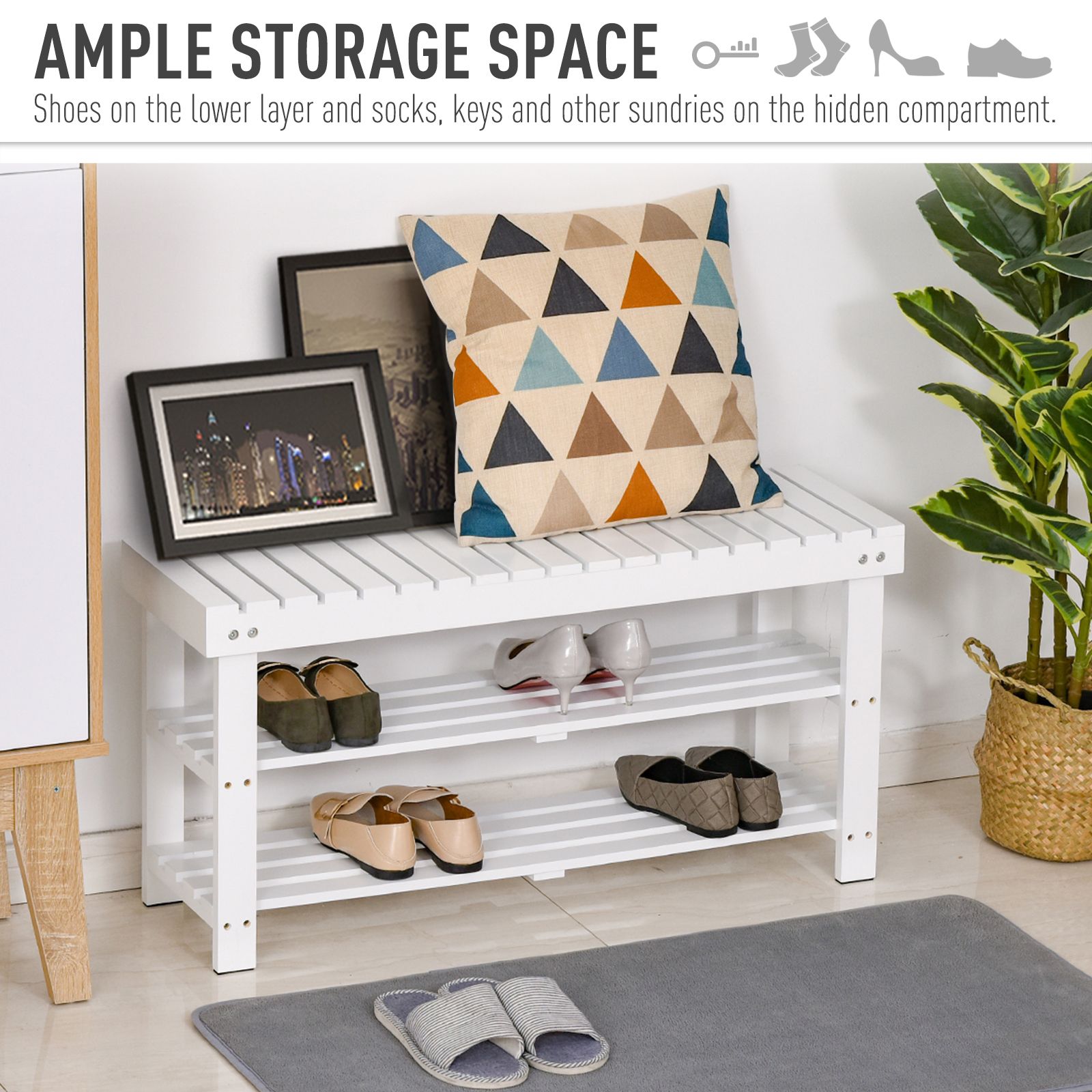 3Tier Open Shoe Rack Hidden Storage Wood Frame Slatted Shelves eBay