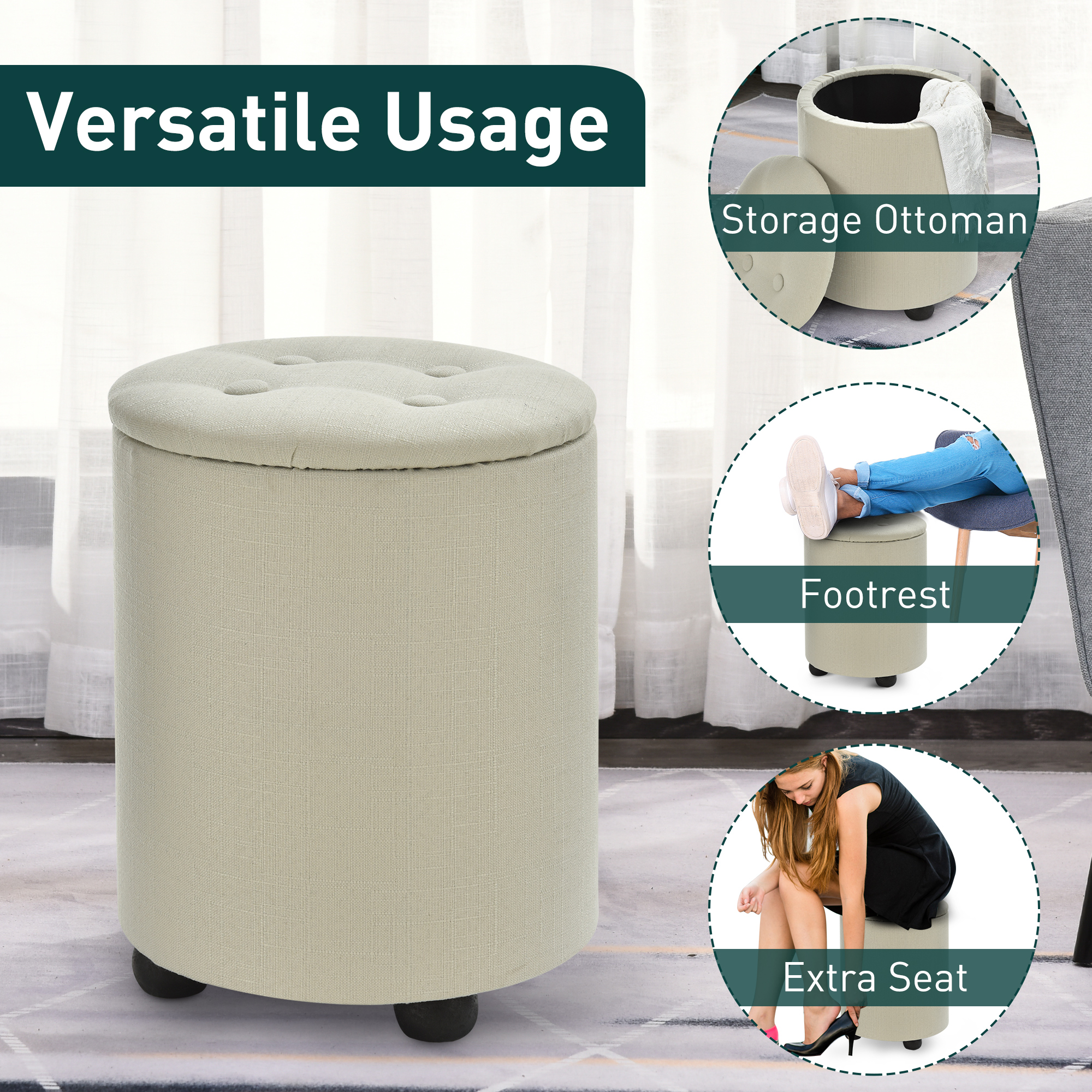 Otomano de almacenamiento de tela con reposapiés botón agrupado