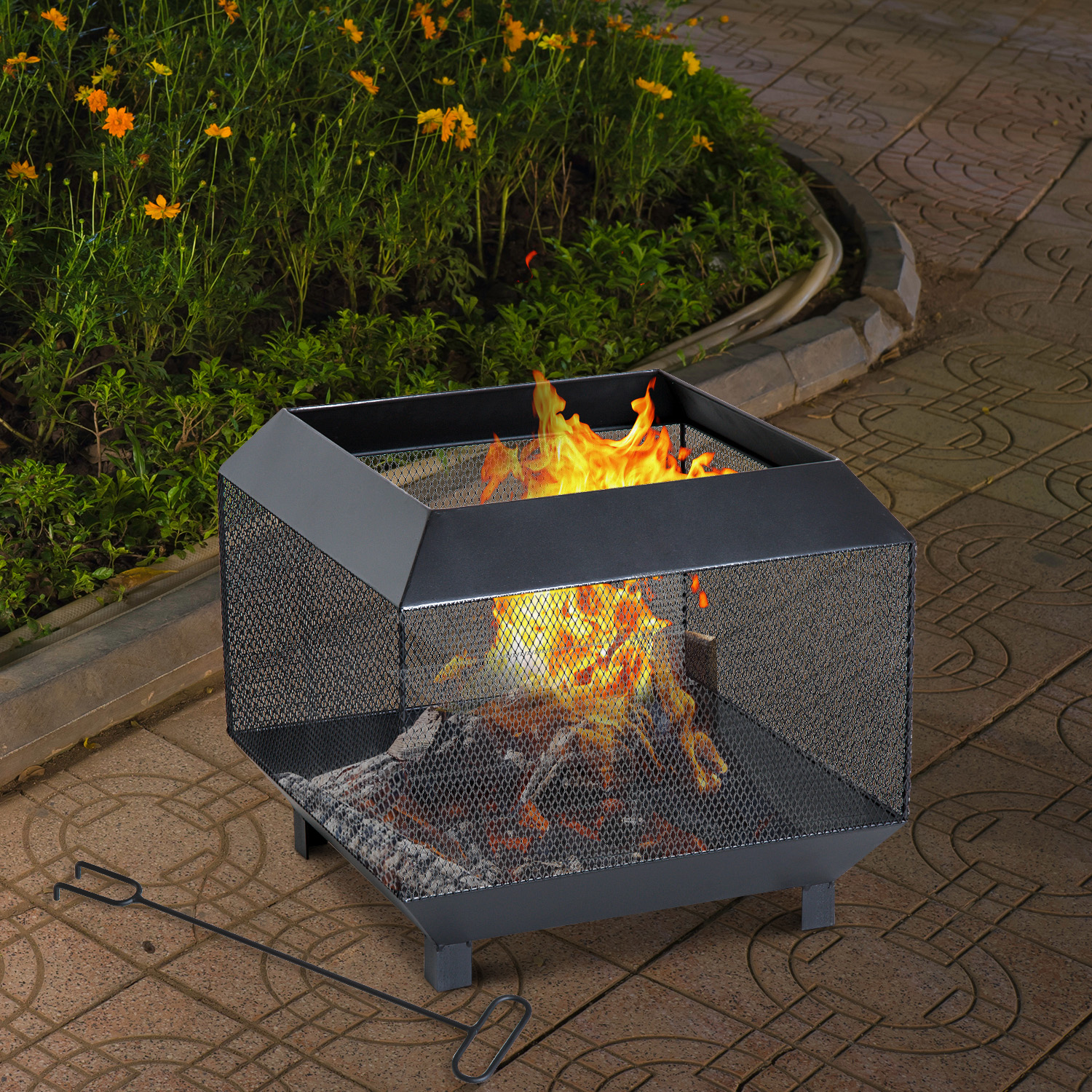 Outsunny Metal Firepit Patio Heater Brazier Garden Square Stove Log