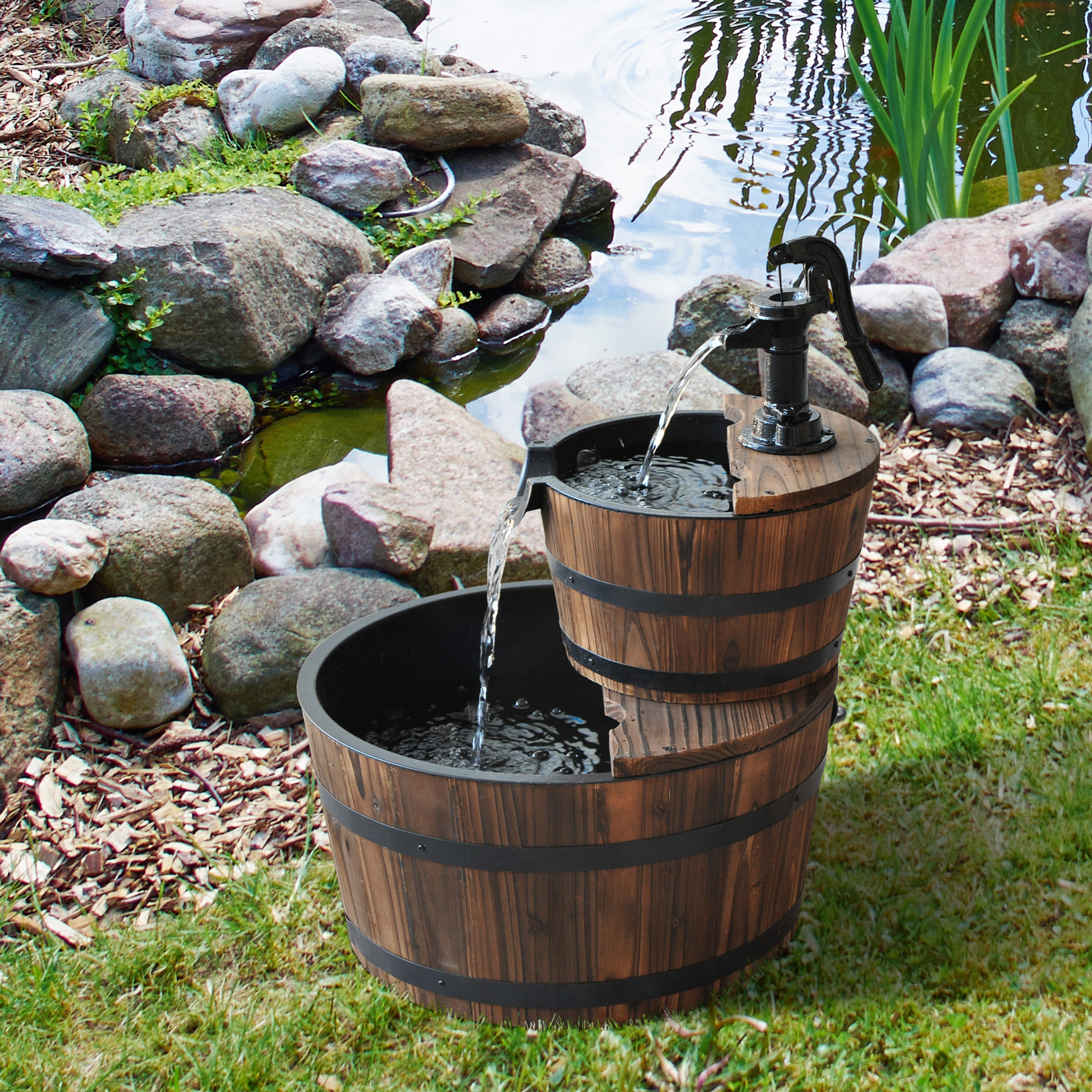 Outsunny Wooden Water Pump Fountain Cascading Feature Barrel 2 Tier