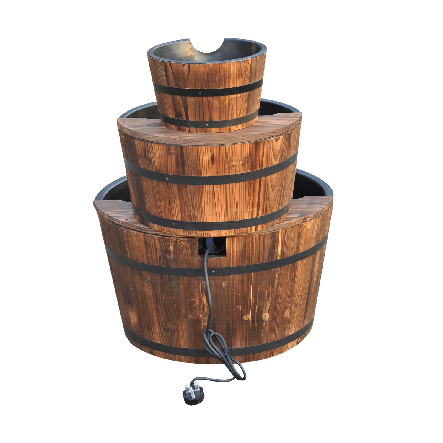 Outsunny Wooden Water Pump Fountain Cascading Feature Barrel 3 Tier