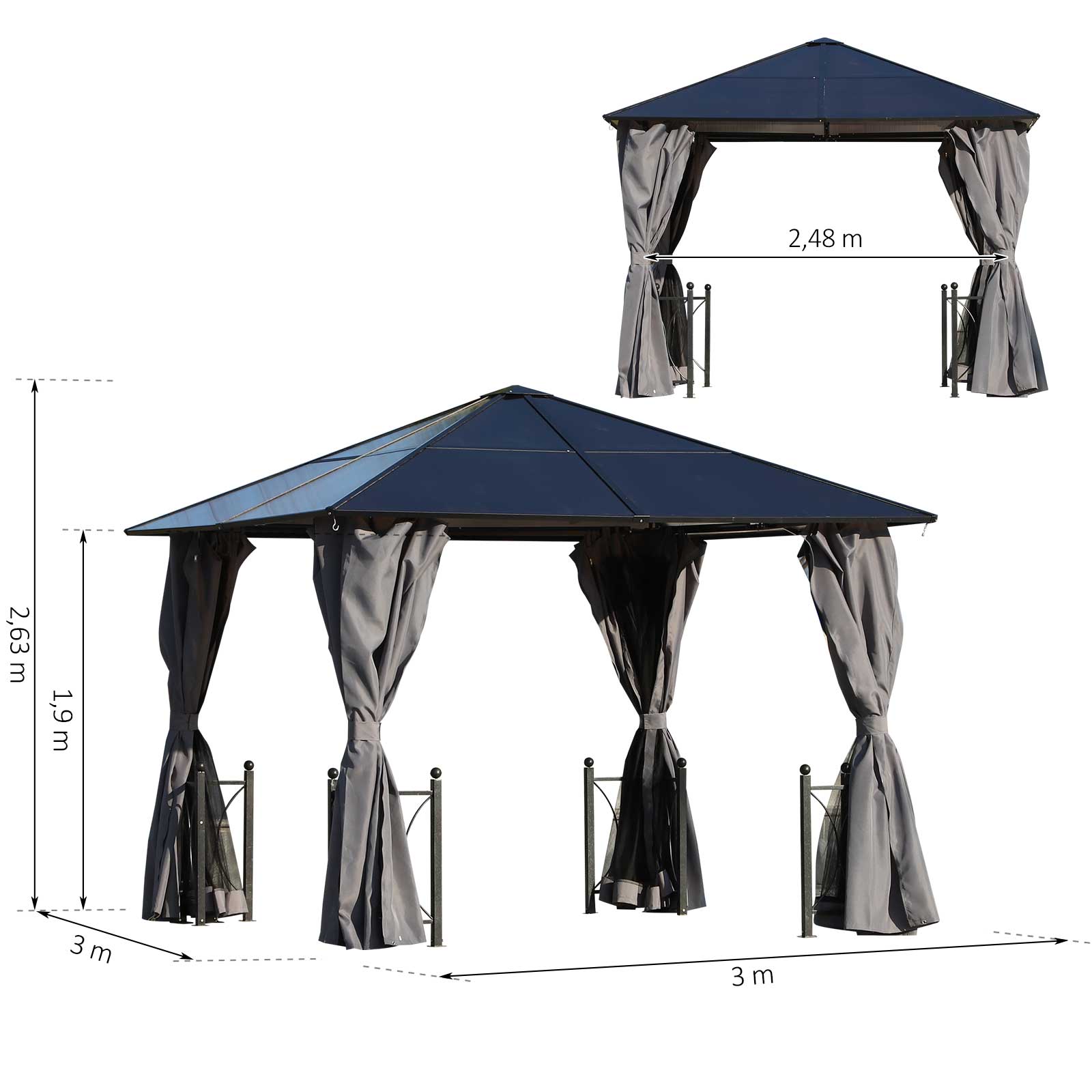 Outsunny 3mx3m Patio PC Board Hardtop Gazebo Aluminium w/ Screened