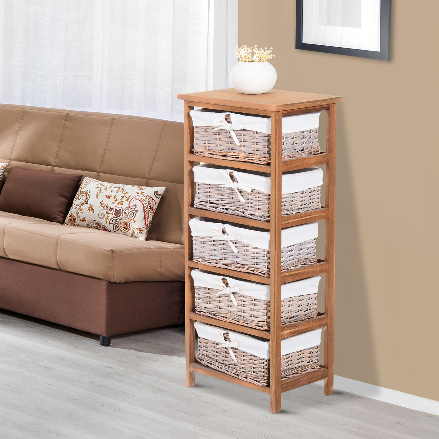 Wicker 5 Drawer Unit Storage Baskets Wooden Chest