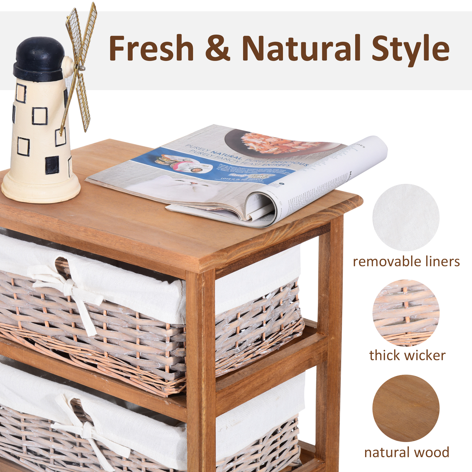 Wicker 5 Drawer Unit Storage Baskets Wooden Chest