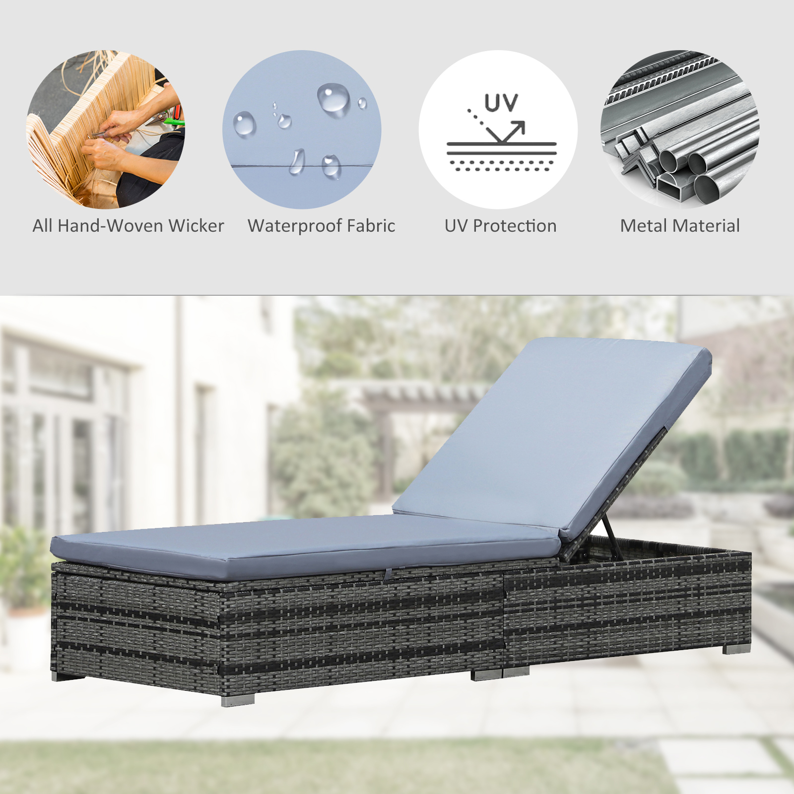 Outsunny Rattan Recliner Lounger Garden Furniture Sun Lounger Recliner