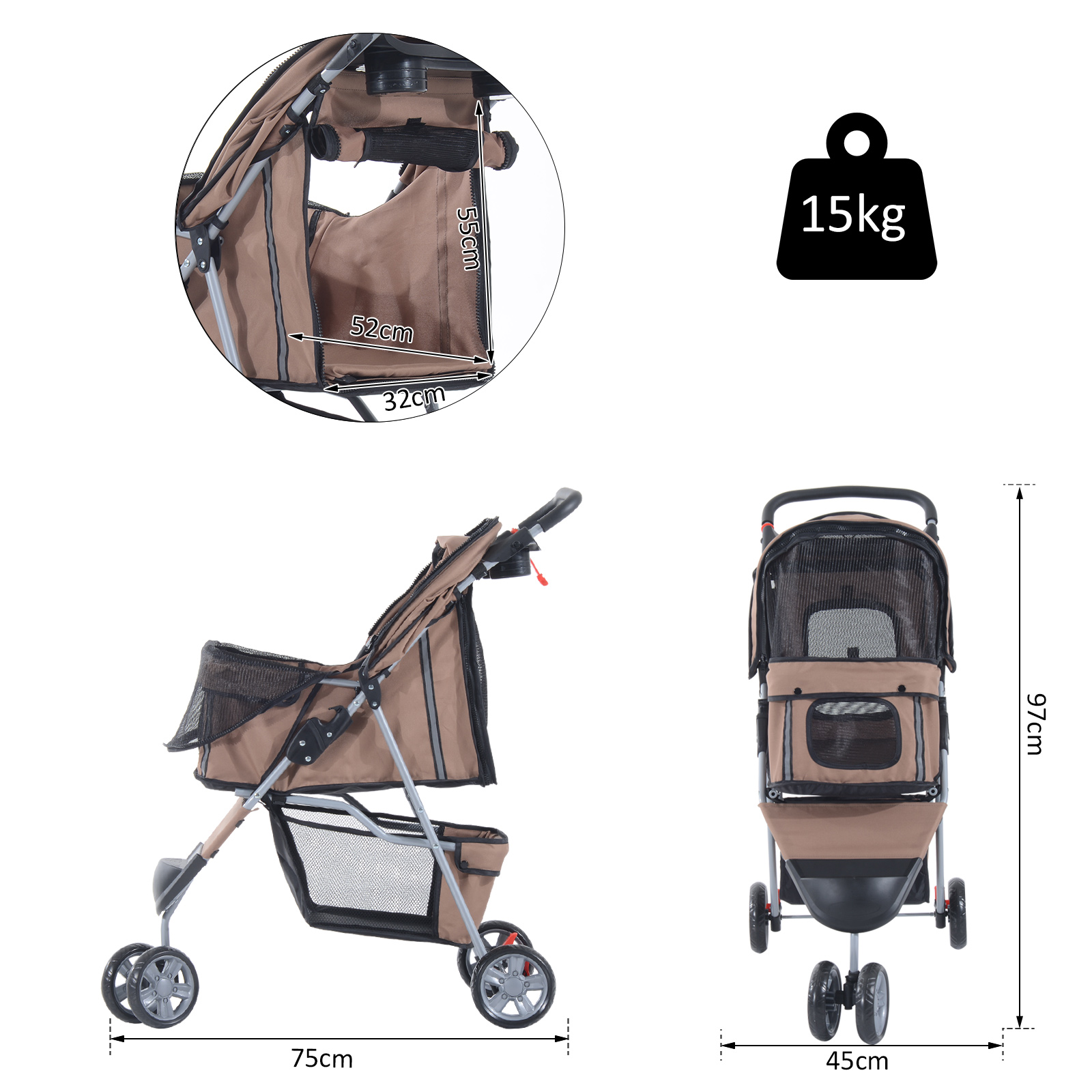 Pet Travel Stroller Cat Dog Pushchair Puppy Jogger Carrier Three Wheels