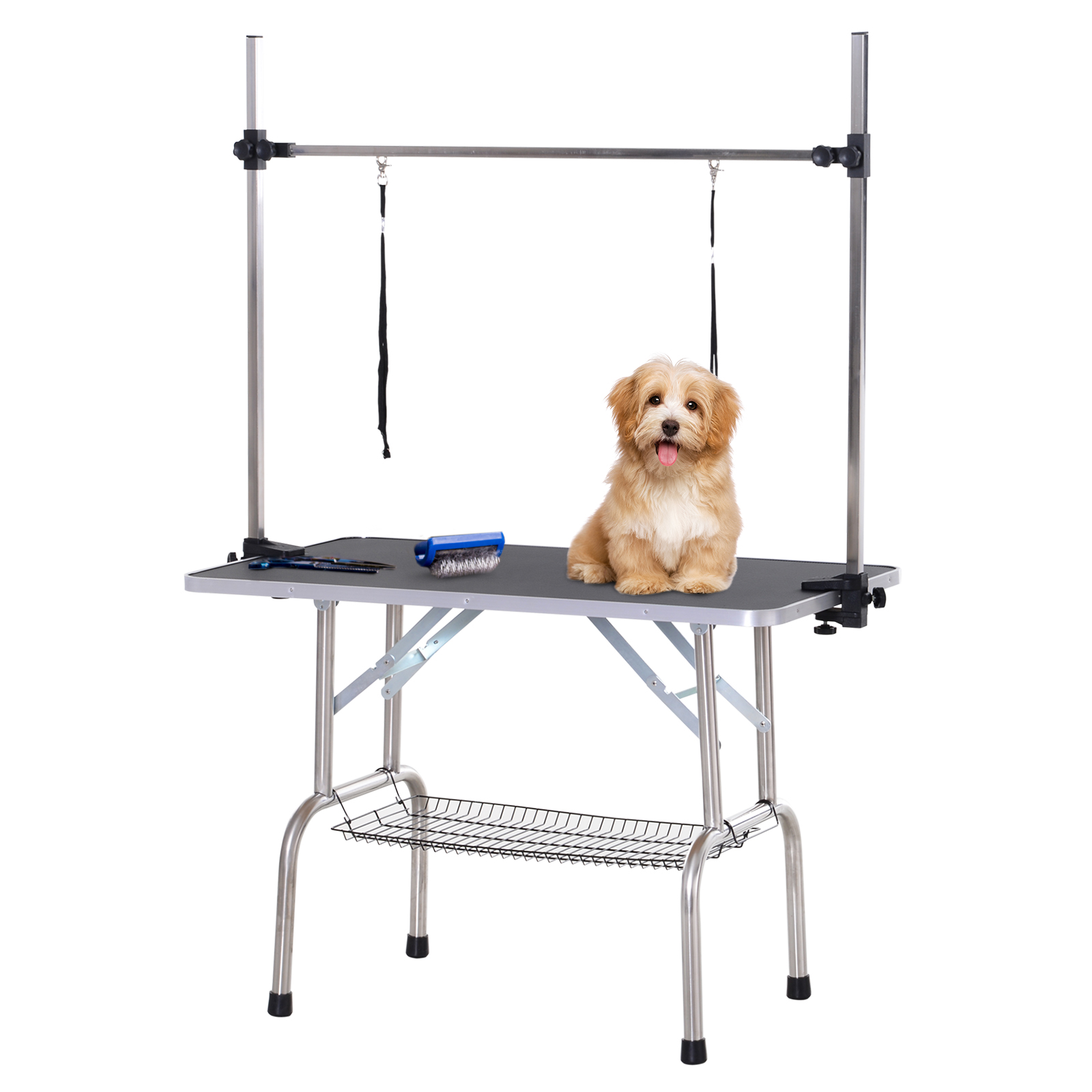 Metal Adjustable Dog Grooming Table Rubber Top 2 Safety Slings Mesh