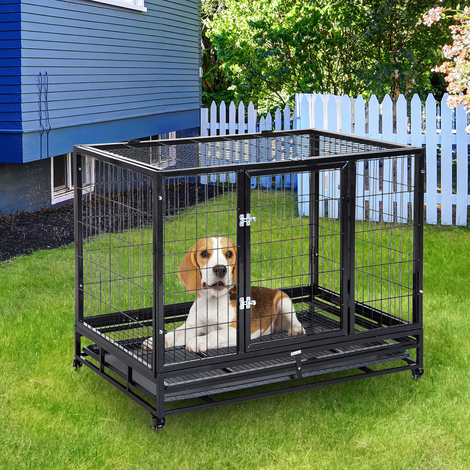 PawHut Metal Kennel Cage with Wheels and Crate Tray for Pet Dog Large