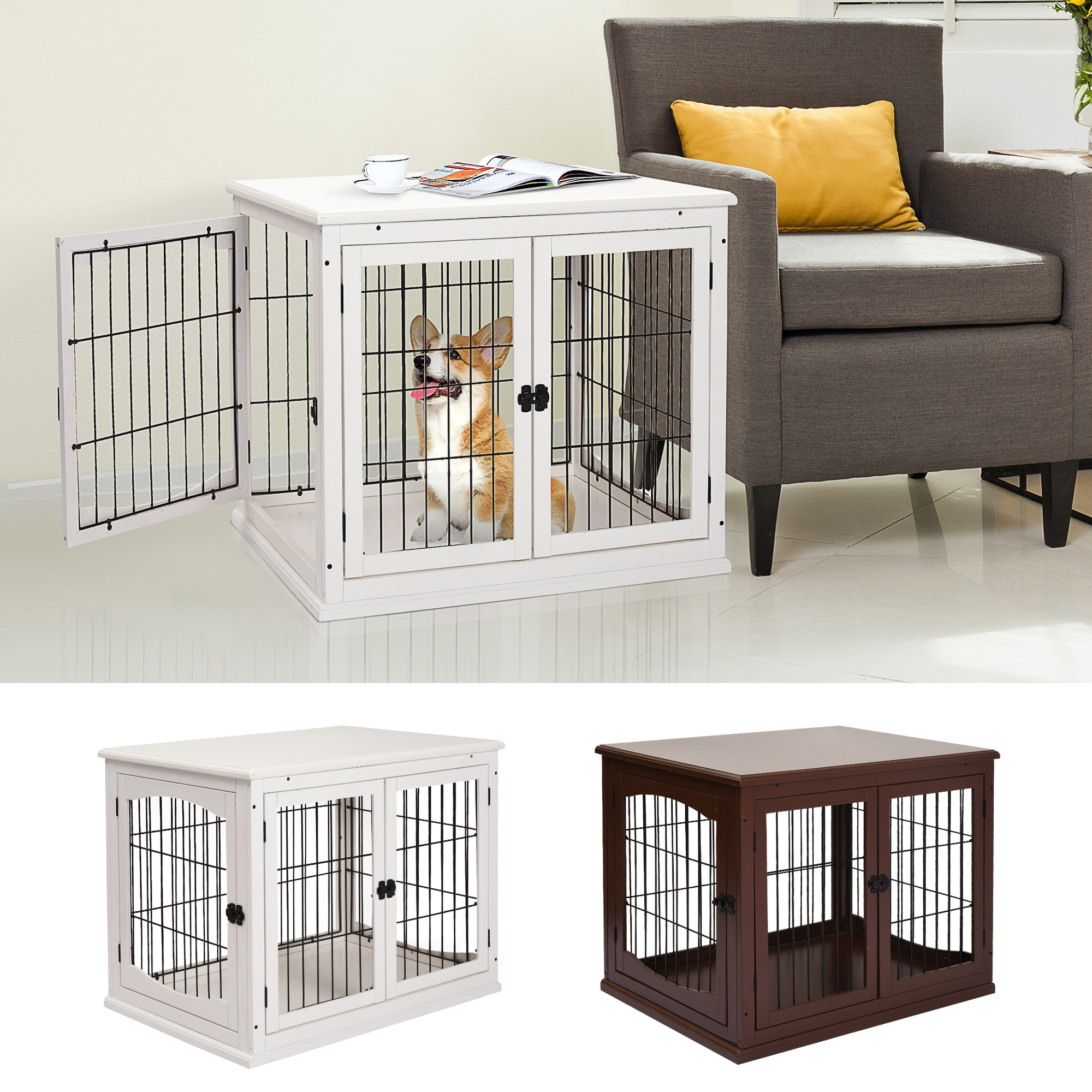 Modern Pet Cage Metal Wire 3 Doors w/ Latches 81L x 58.5W x 66H cm