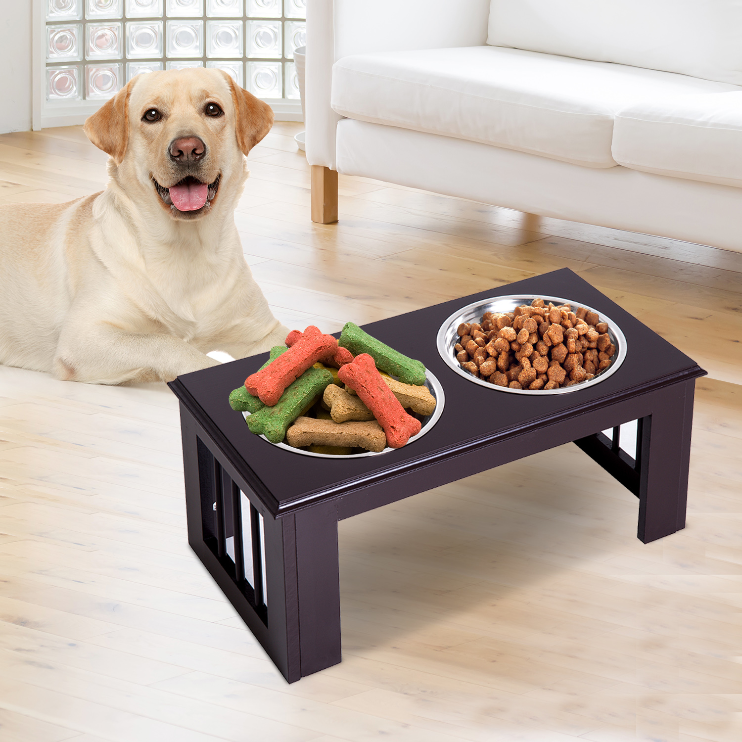Pawhut Pet Food Feeder Raised Elevated Twin Bowls Water Stainless