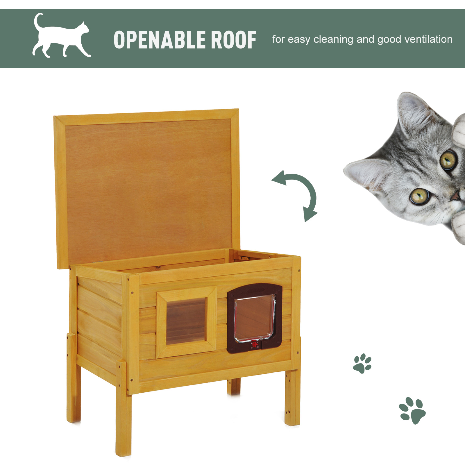Pawhut Wooden Cat House Pet Home Outdoor Waterproof Door Roof Shelter