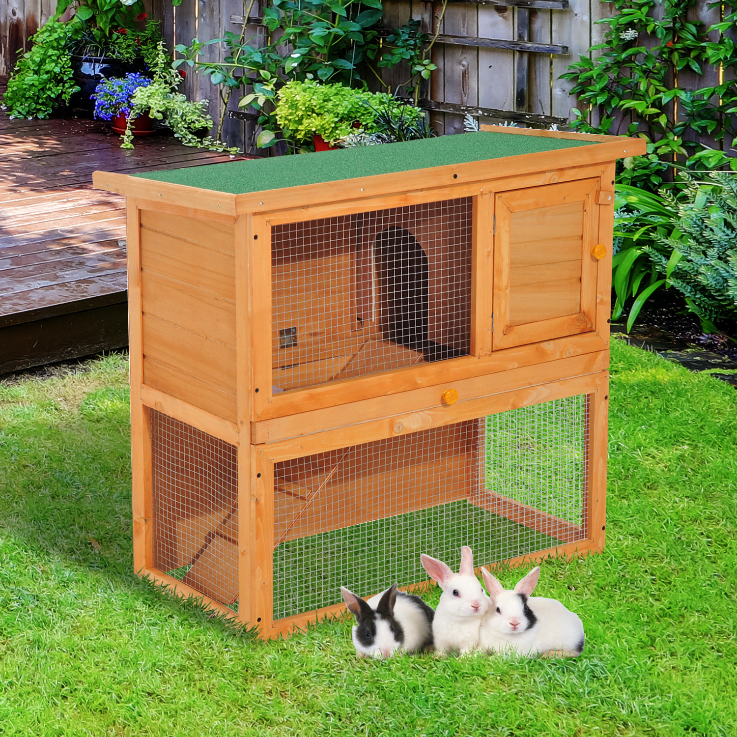 2 tier Rabbit Hutch Small Animal Wooden Bunnies House Outdoor Backyard 