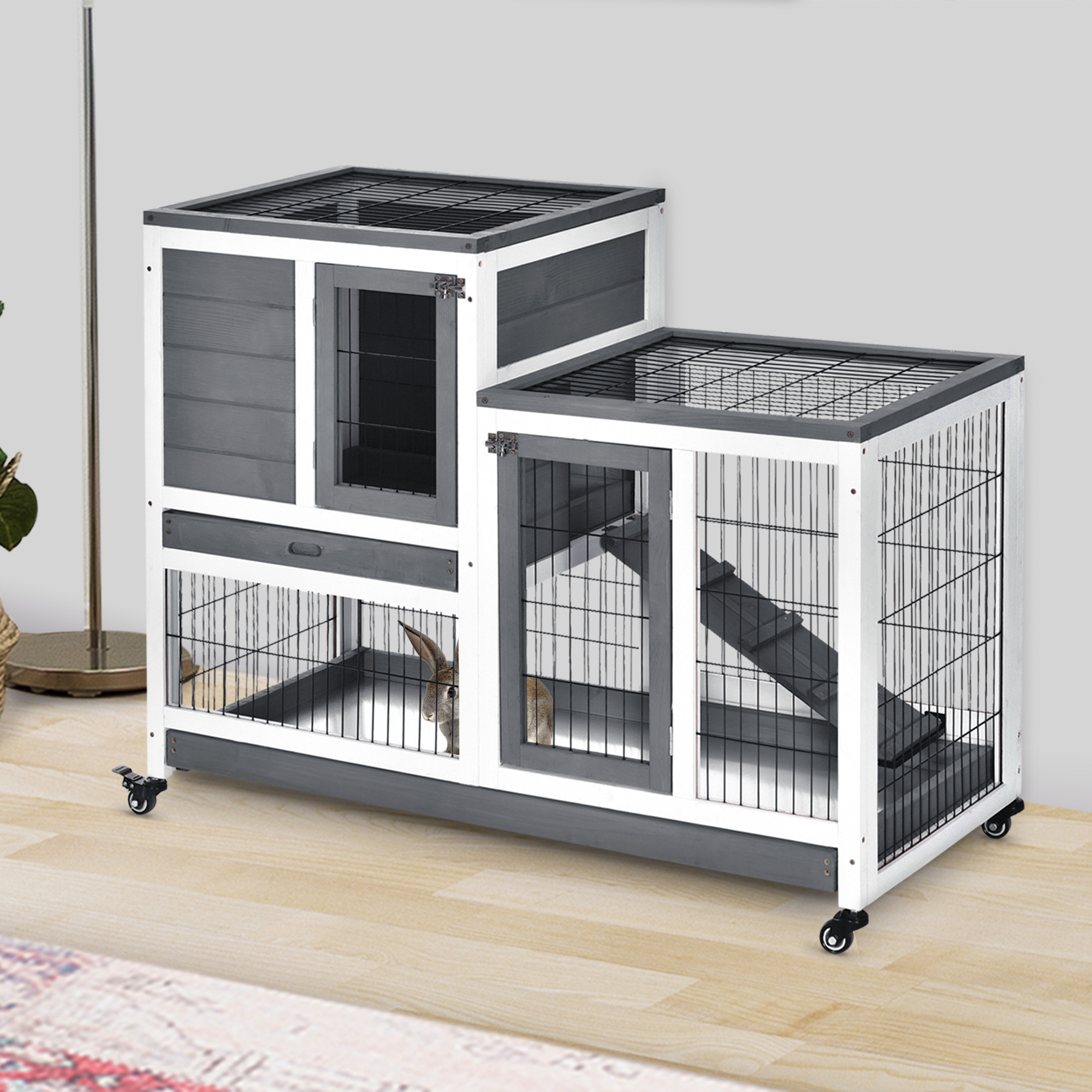 PawHut Wooden Indoor Hutch Elevated Cage with Enclosed Run W/ Wheels