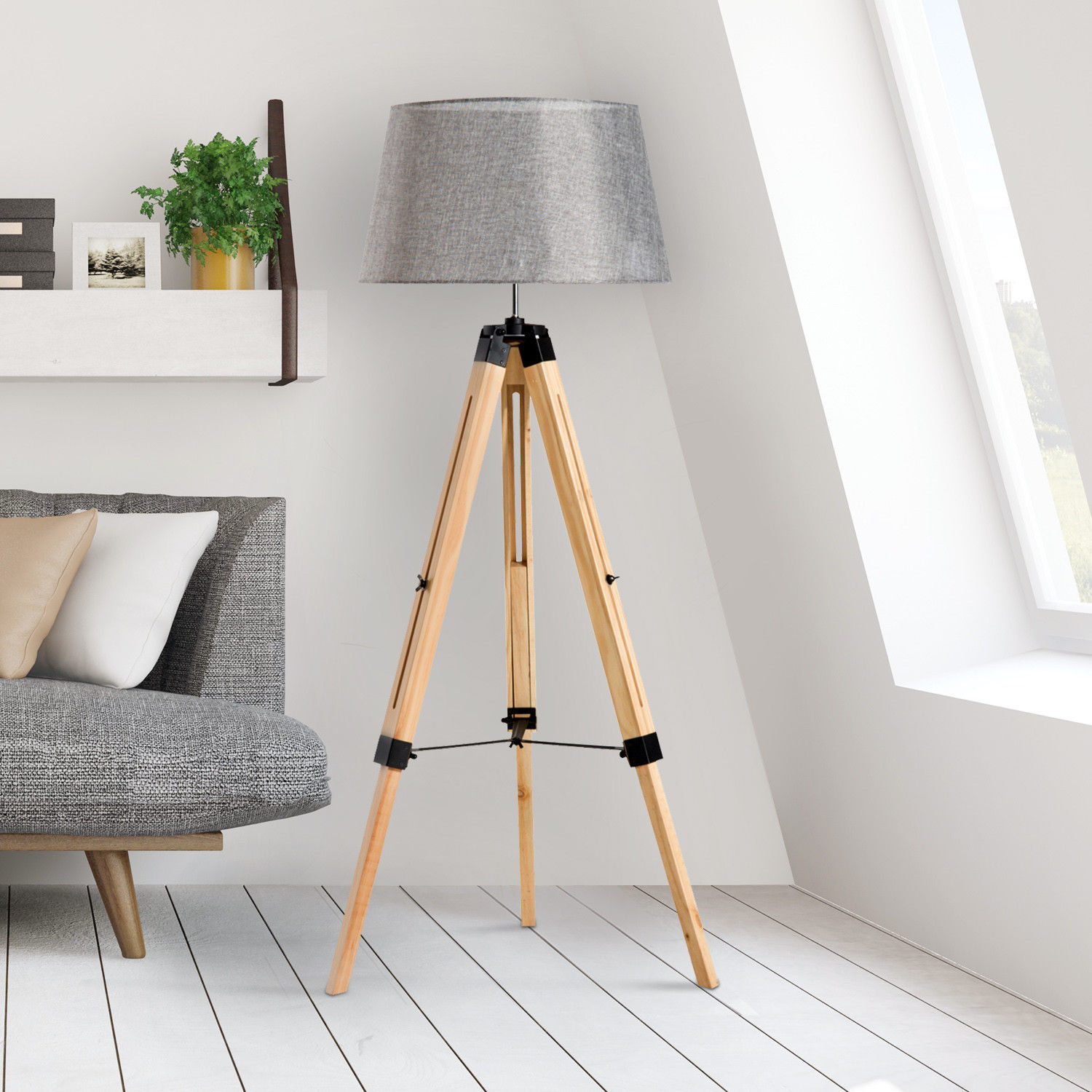 Homcom Classic Tripod Wooden Floor Lamp With Adjustable Height