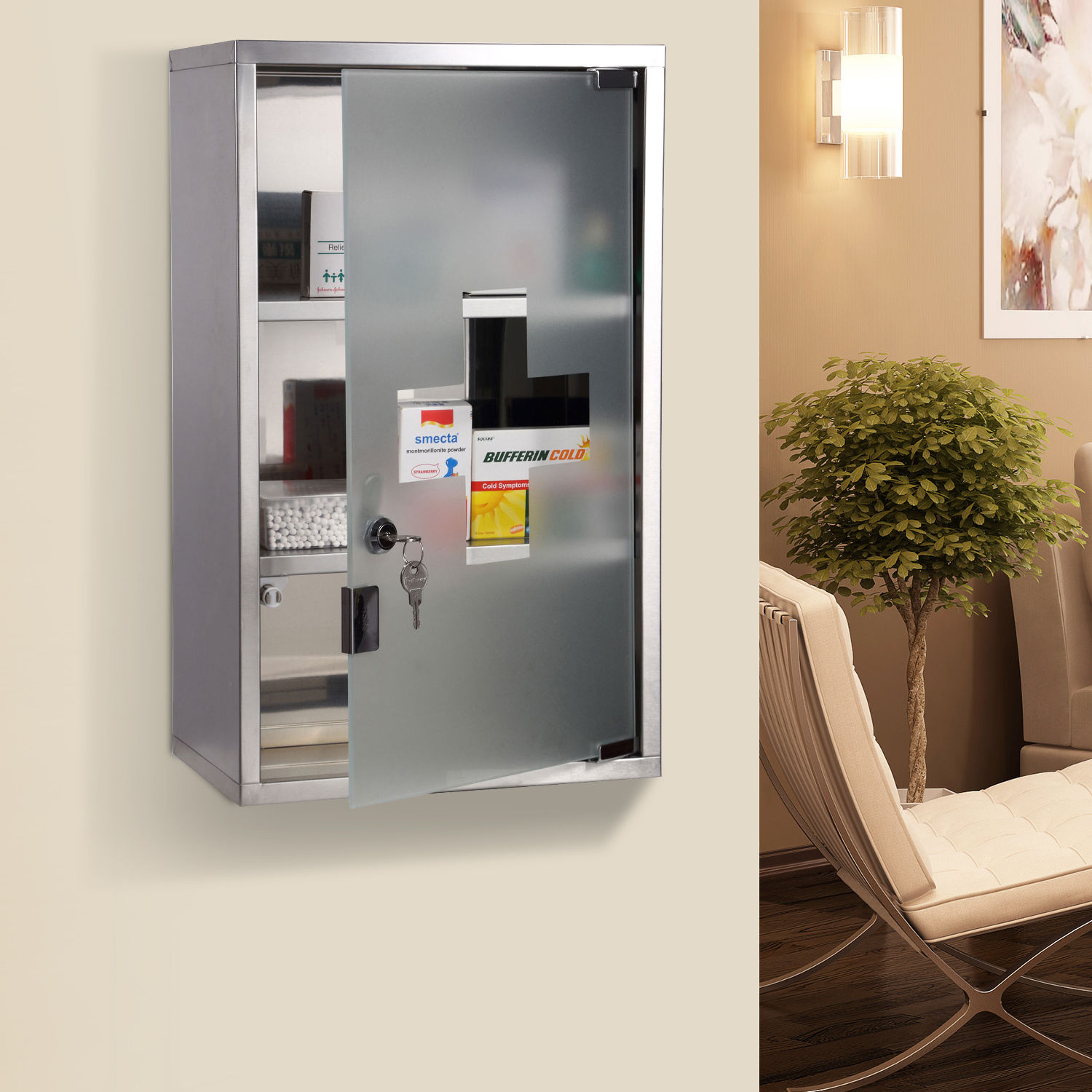 HOMCOM Armario de Medicina Botiquín Cerradura 3 Nivel Primero Auxilio