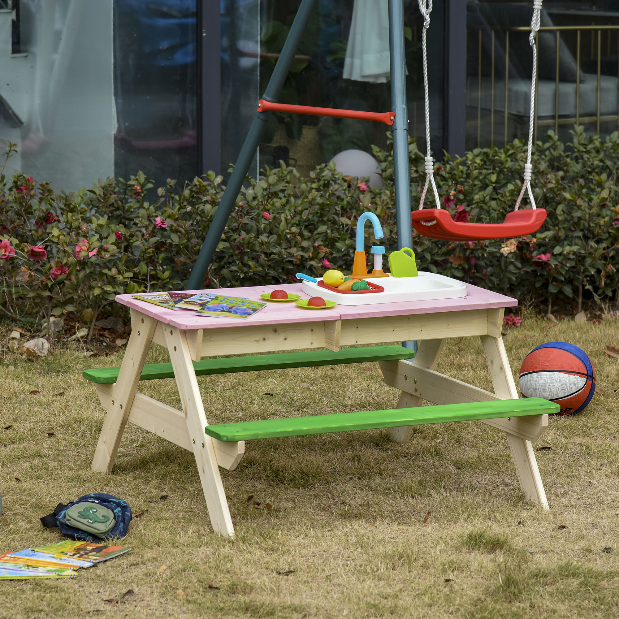 Outsunny Mesa de Picnic de Madera para Niños con Juegos y Bancos 14