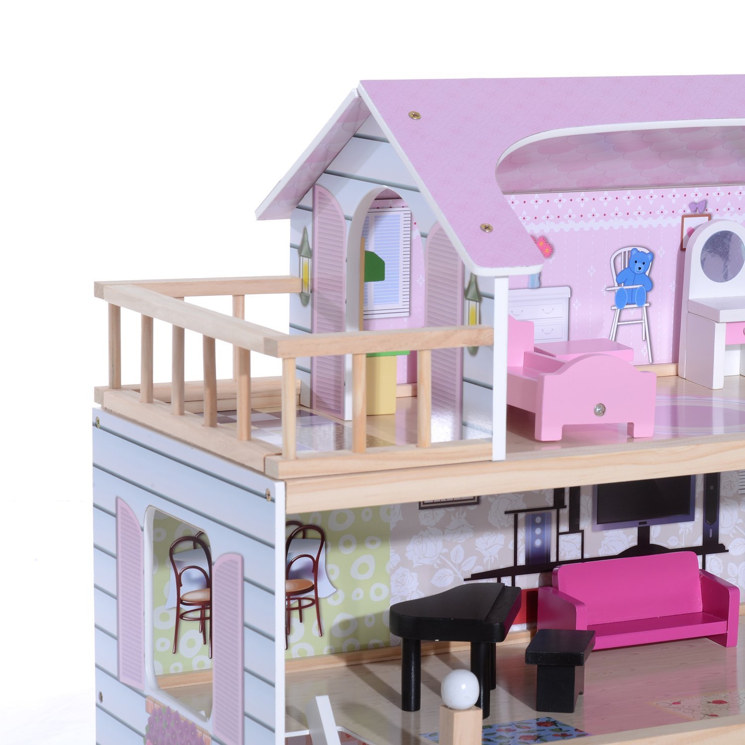 HOMCOM Juguete Madera Casa de Muñecas con Muebles Mobiliario Casita