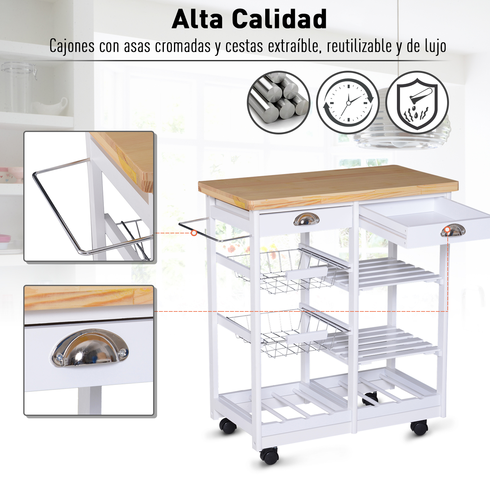 Carro de Cocina Carrito Servir Auxiliar Multiusos Estantería con Ruedas