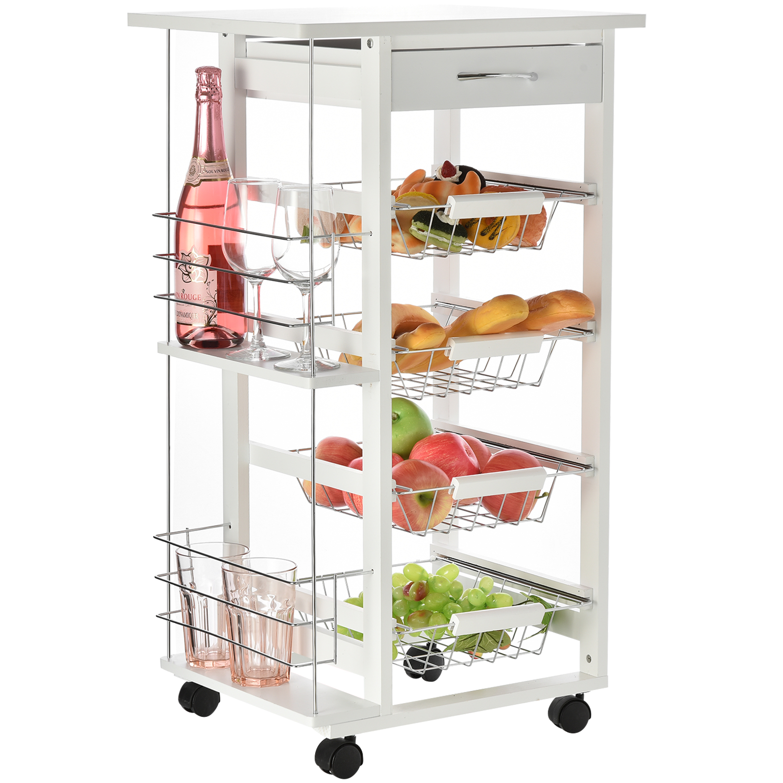 Carrito de Cocina de 5 Niveles con Cajón Bastidores Cestas Ruedas