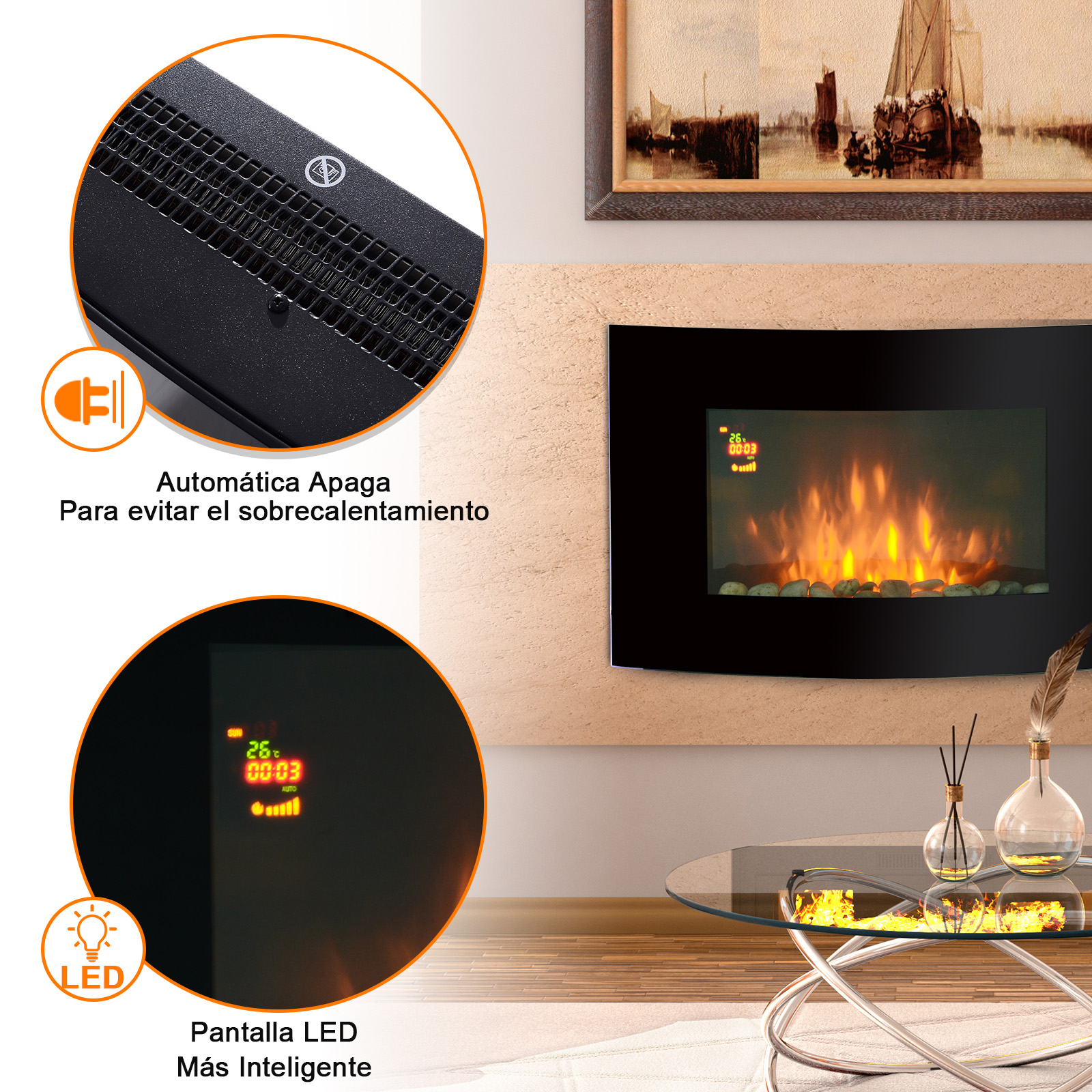 Chimenea Eléctrica de Pared Estufa Eléctrica Calentador 900/1800W Mando