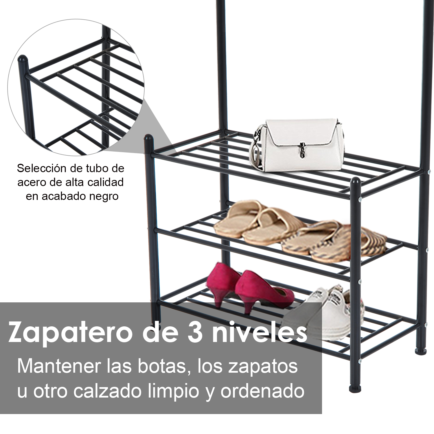 Perchero Metálico Colgador Zapatero para Ropa y Zapatos 3 Estantes