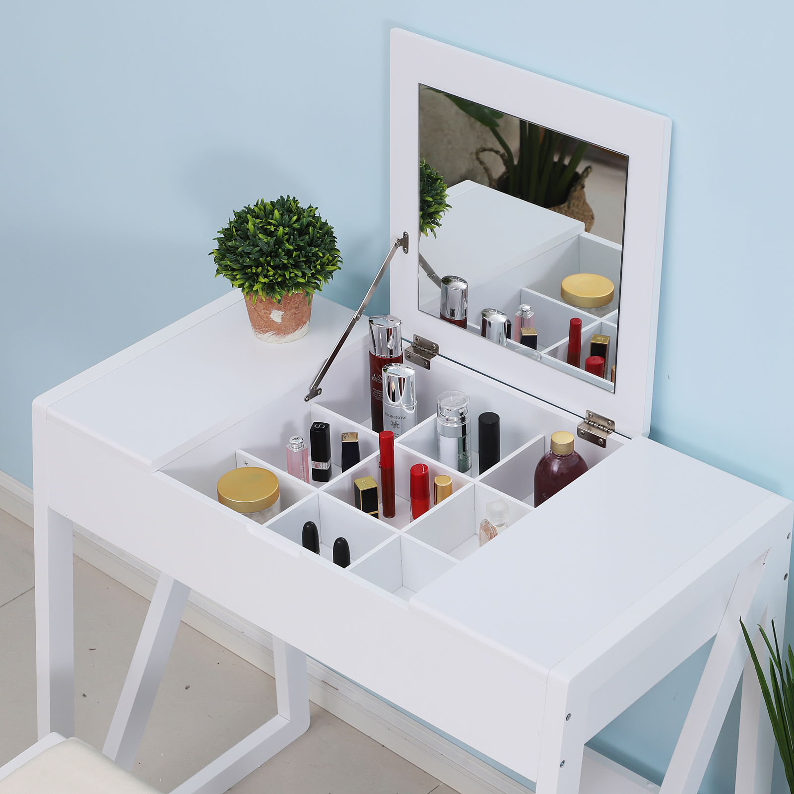 Tocador Mesa para Maquillaje con Taburete Espejo Tapa Abatible 9