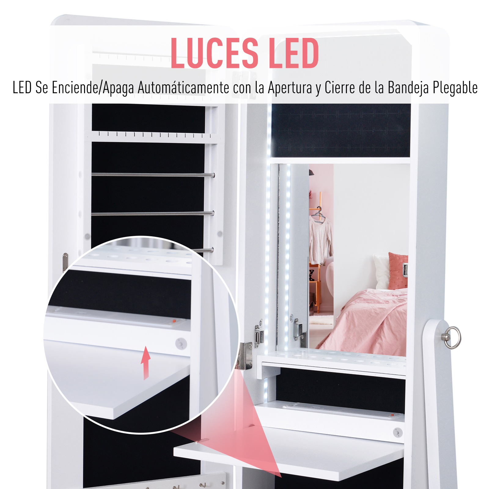 Joyero de Pie con Espejo Armario para Joyas LED Reclinable 30x36x146cm