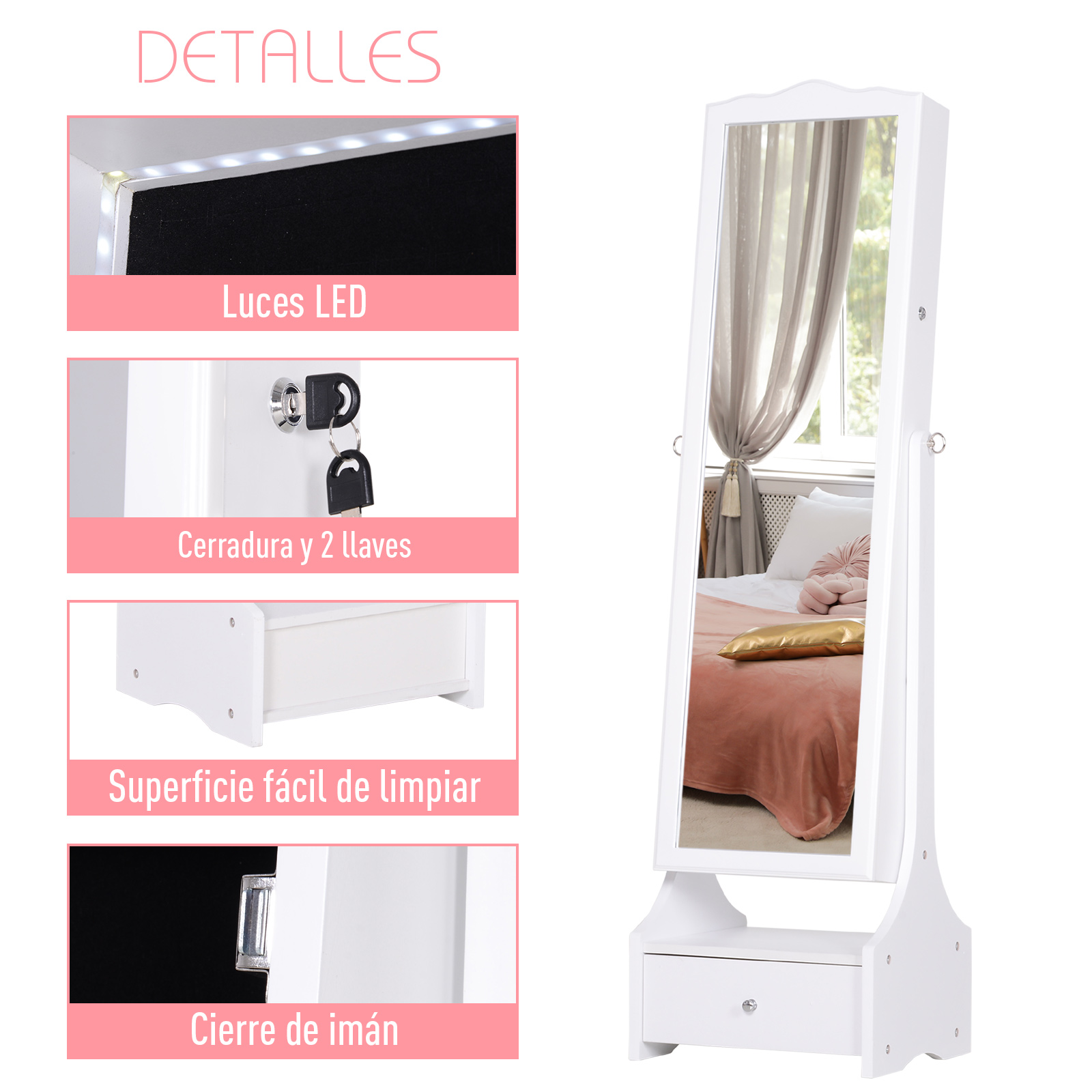 Espejo Joyero de Pie Armario de Joyerías con LED Cerradura Cajones | eBay