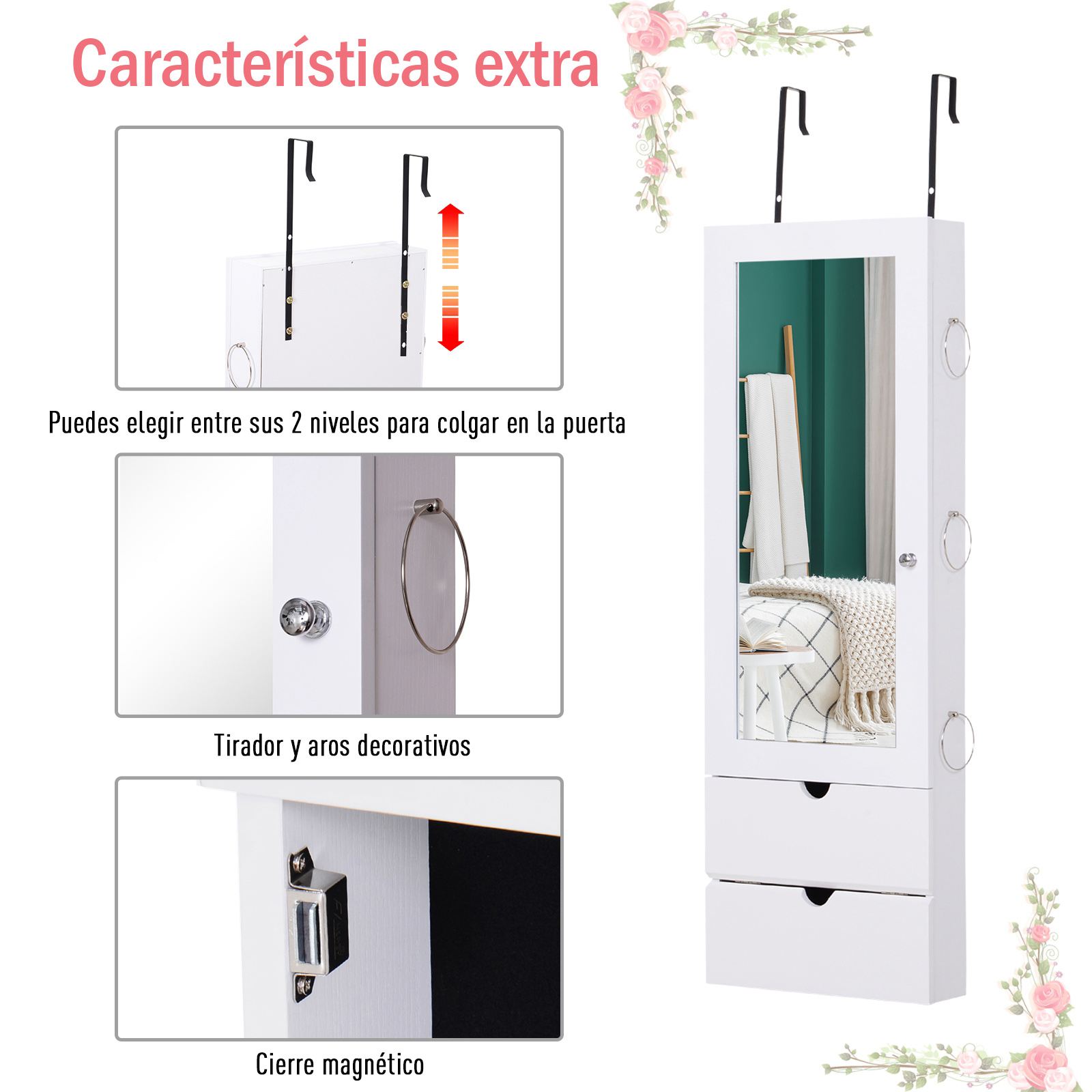 Espejo Joyero Armario de Joyería Montado en Pared o Colgado en Puerta