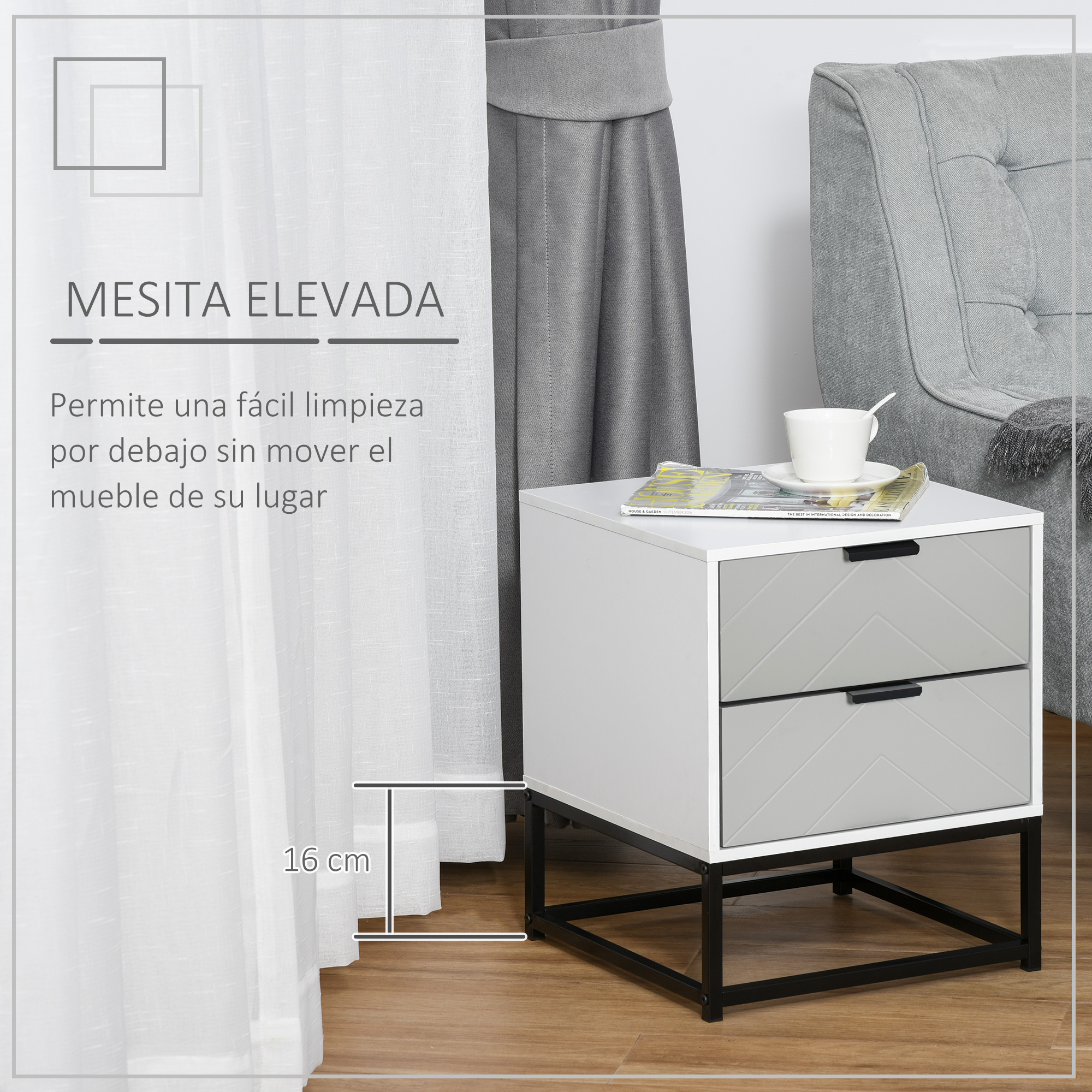 Mesita de Noche con 2 Cajones Base Elevada para Cama Estilo Moderno 39