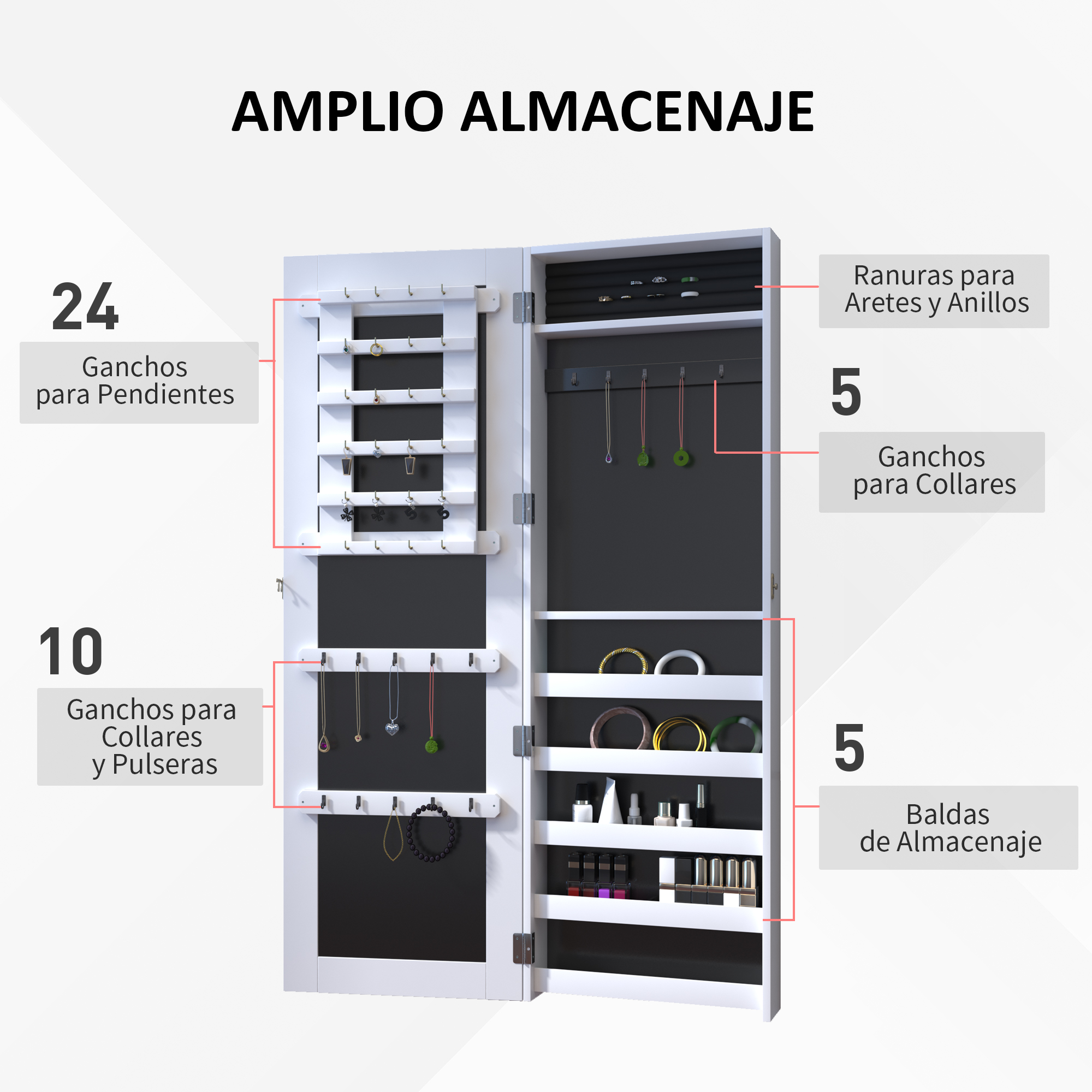 Espejo Joyero 112cm Armario para Joyas para colgar en Pared Color