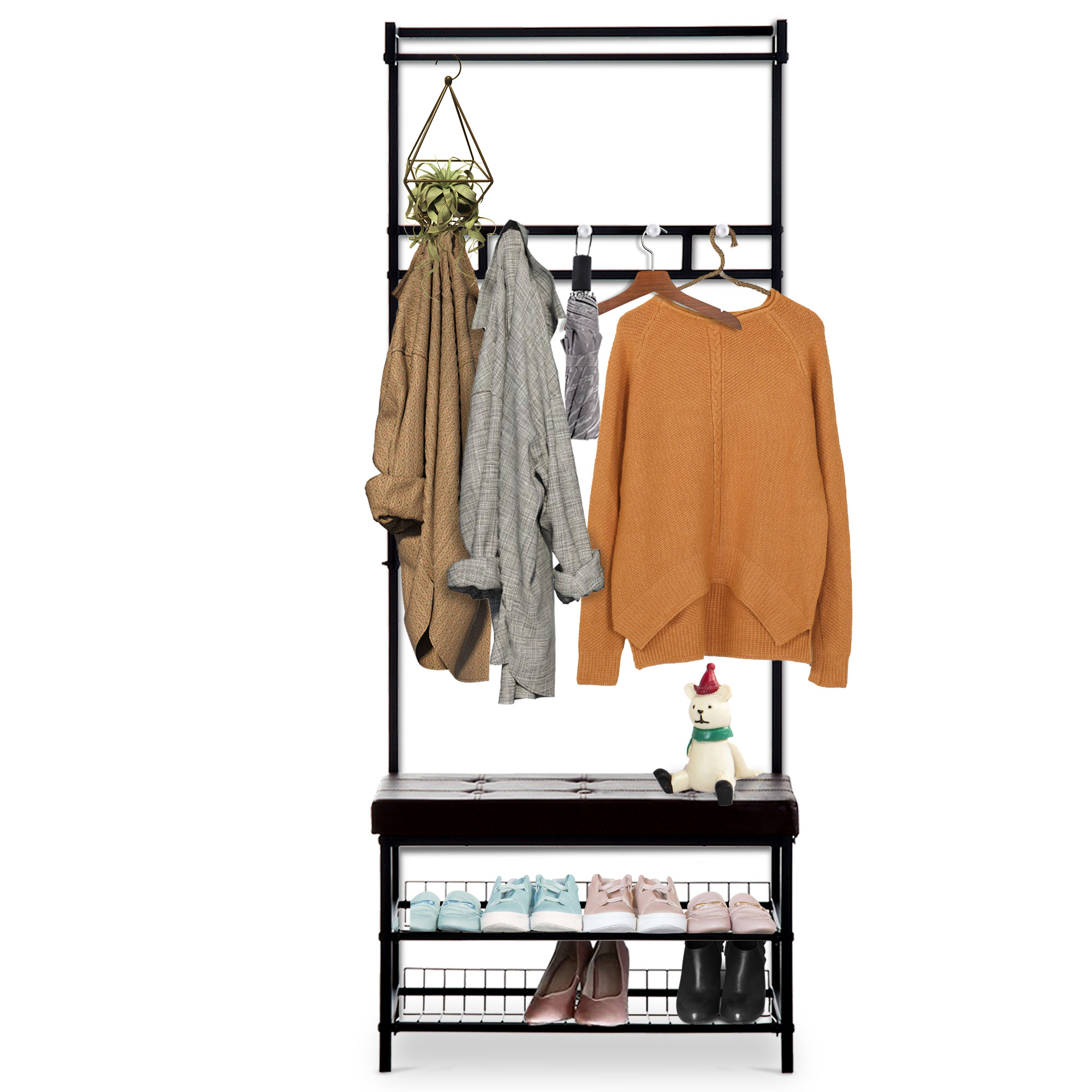 HOMCOM Perchero Metálico Negro con Asiento y Estantes para Zapatos 72