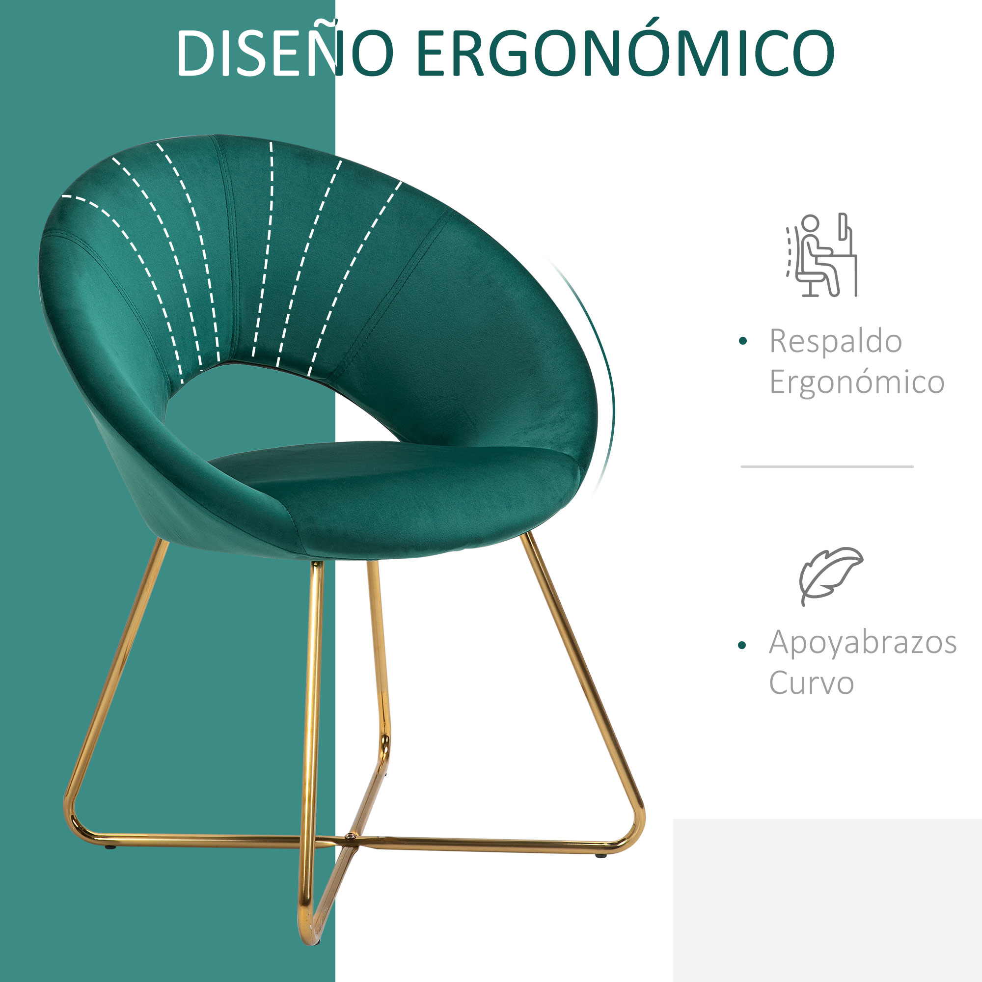 Silla de Comedor Vintage Tapizada con Respaldo Curvo y Patas Doradas