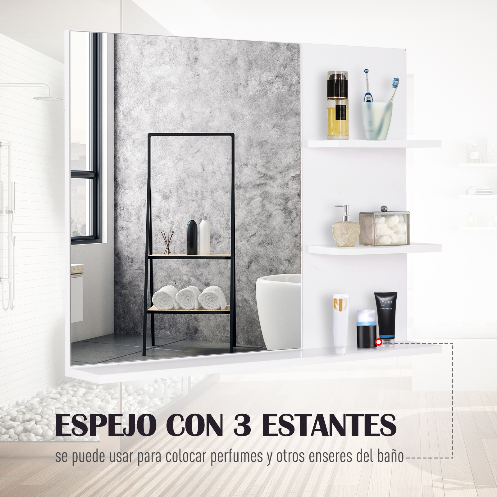 Espejo de Pared para Baño con 3 Estantes 60x10x48 cm Blanco | eBay
