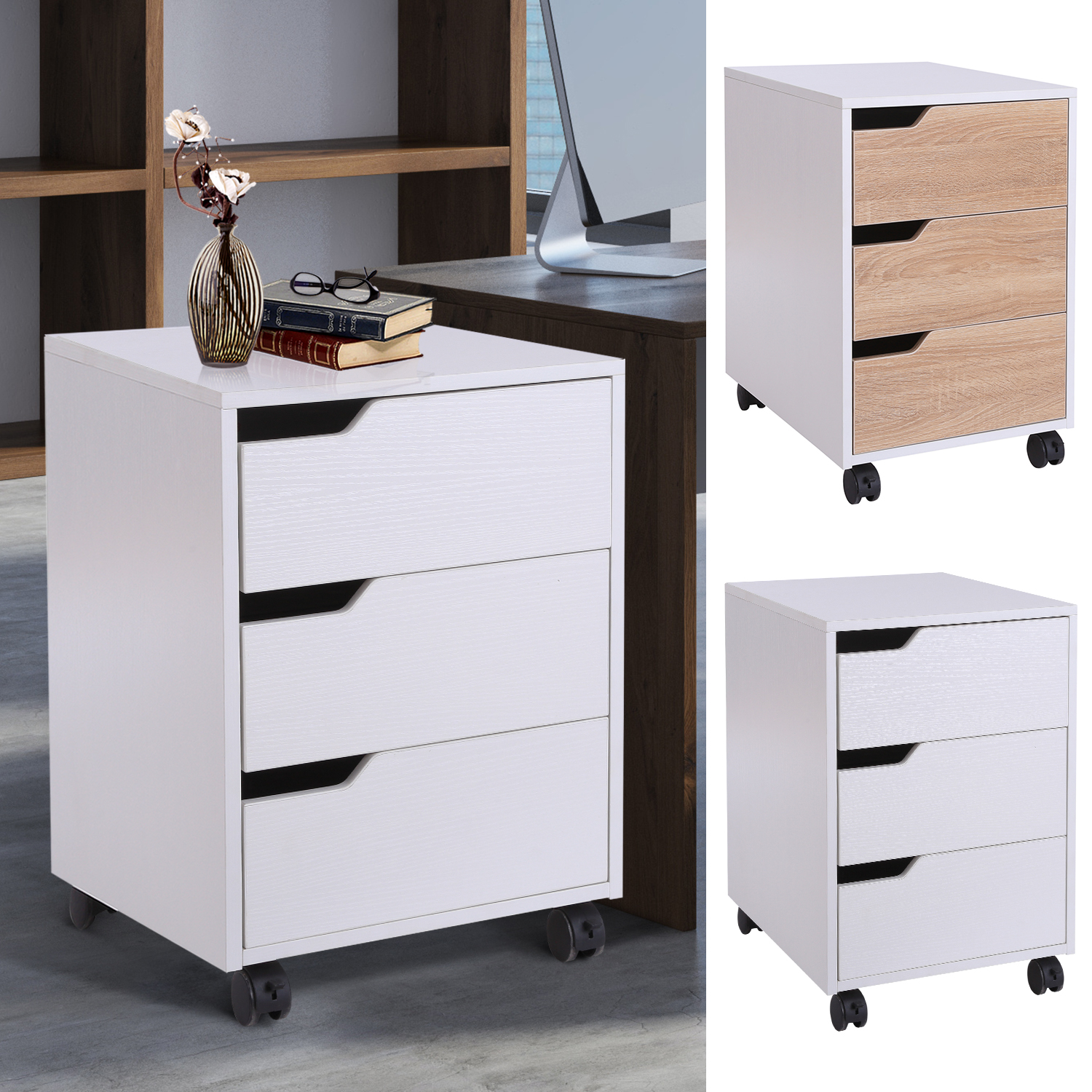 Armario Archivador Móvil para Oficina Cajonera Madera 3 Cajones