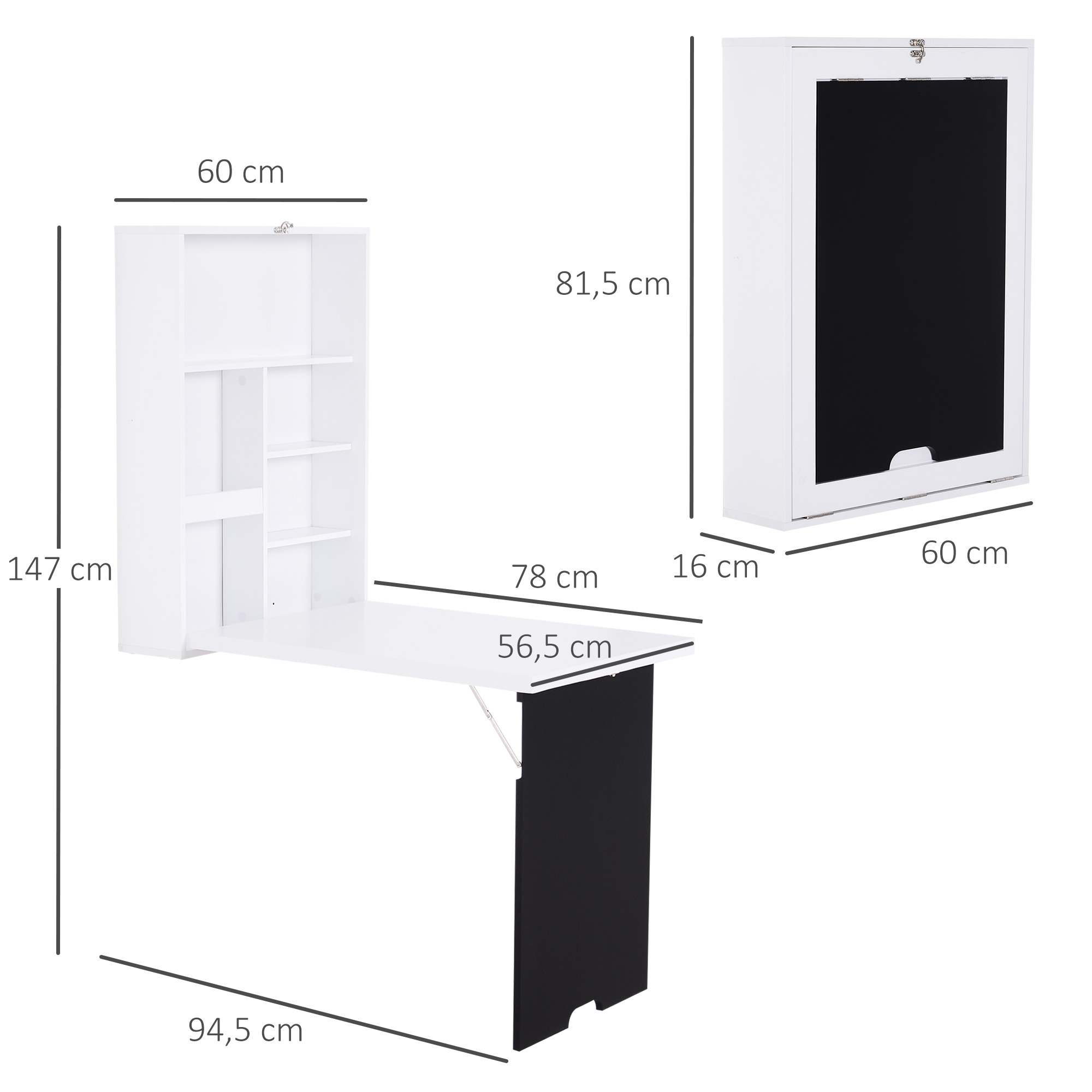 Mesa de Pared Plegable con Pizarra y Estantes Fácil Montaje 60x94,5x147