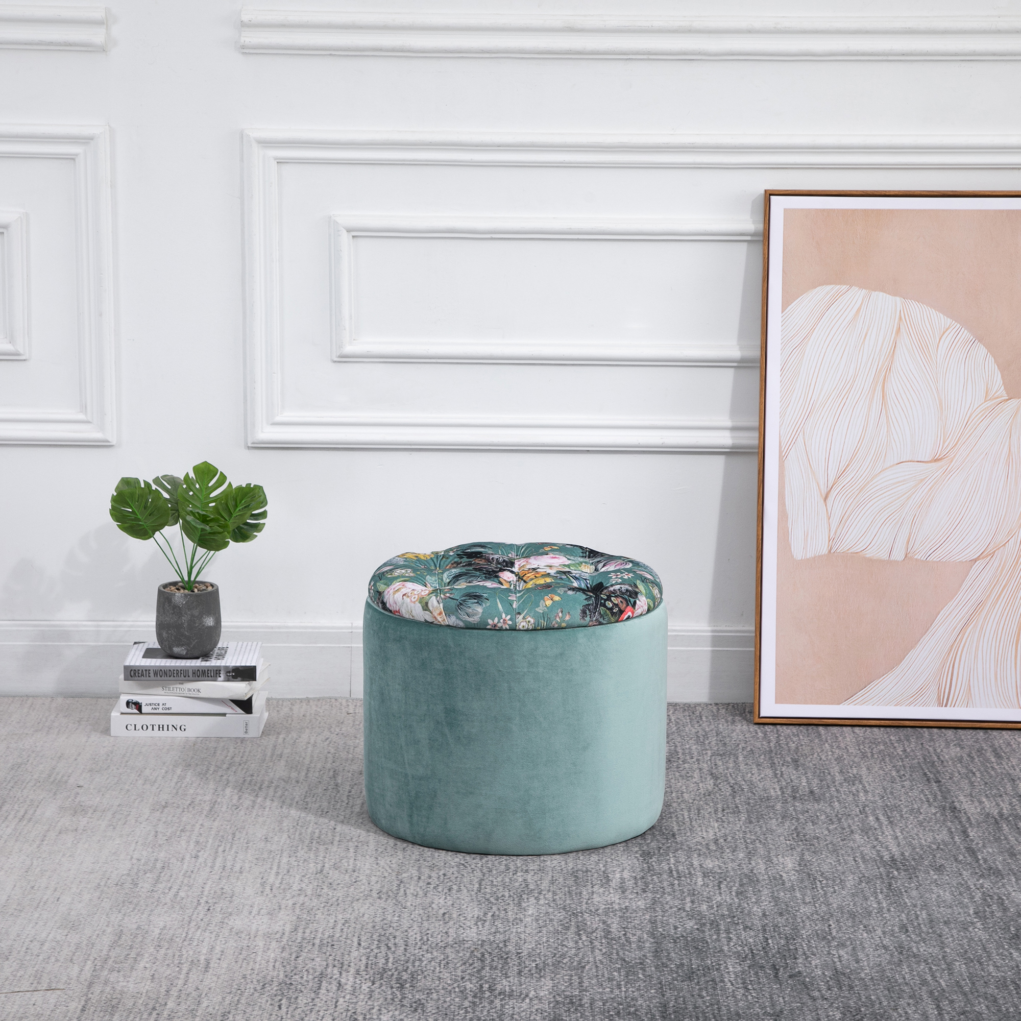 Taburete Almacenaje Baúl Redondo con Tapa Extraíble Tapizado Φ50x38 cm