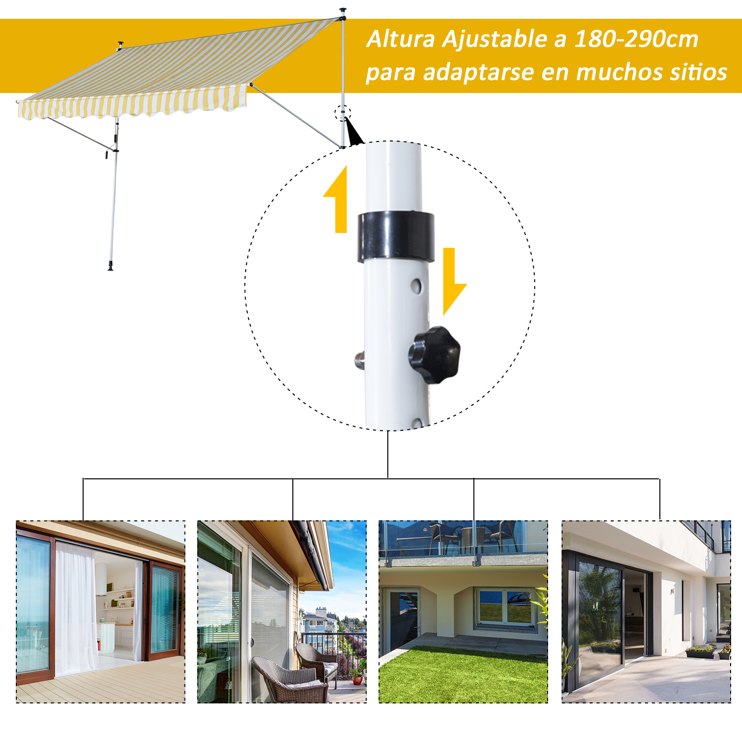 Toldo Portátil Balcón Patio Toldo Manual Plegable de Aluminio Altura