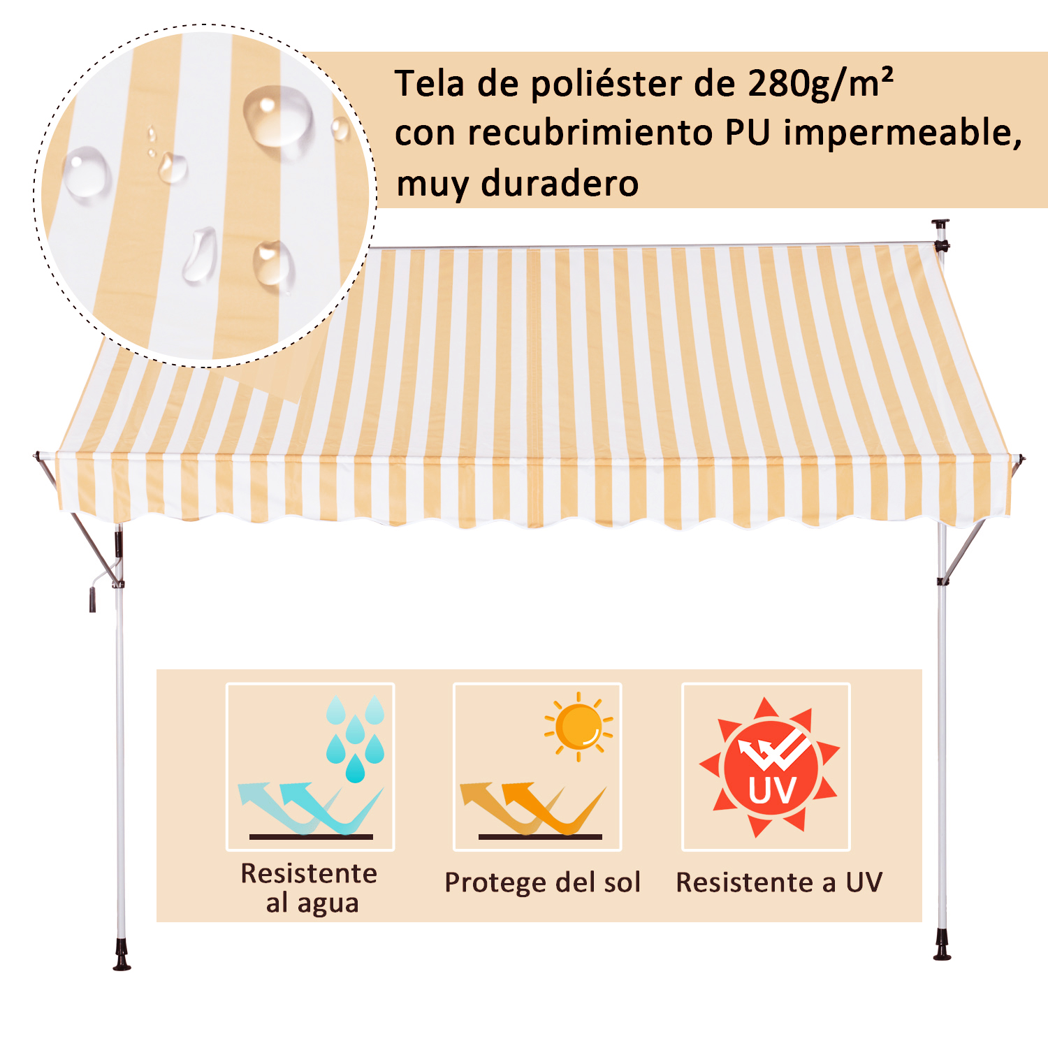Toldo Portátil Balcón Patio Toldo Manual Plegable de Aluminio Altura